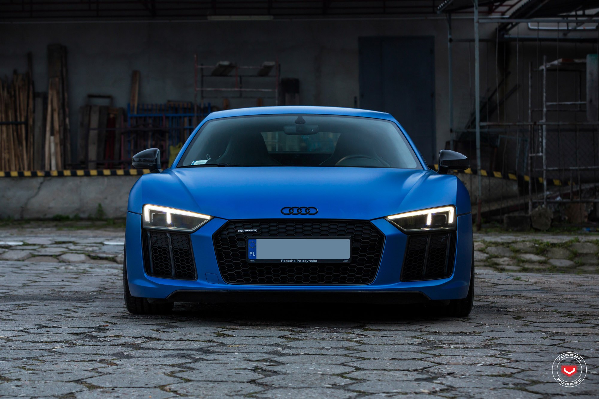 Matte Blue Audi R8 with Blacked Out Mesh Grille - Photo by Vossen Wheels
