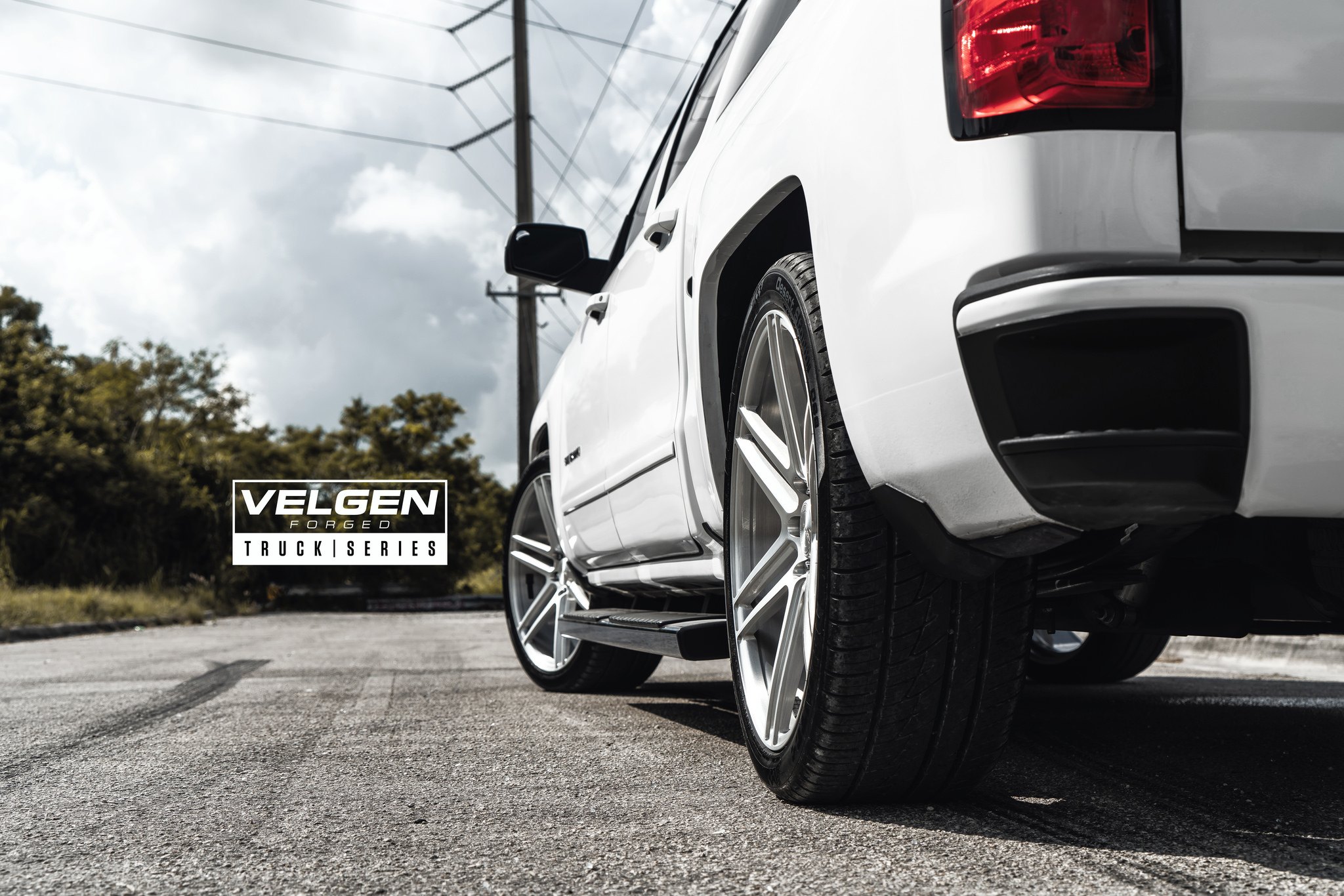 White Chevy Silverado with Custom Red LED Taillights - Photo by Velgen Wheels