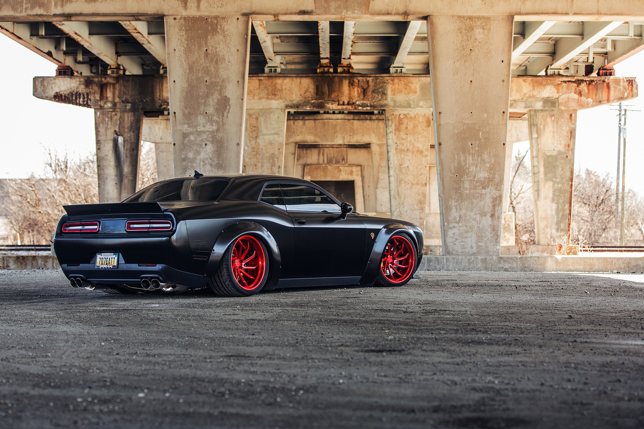 Black Dodge Challenger SRT with Aftermarket Rear Spoiler - Photo by B-Forged Performance Wheels