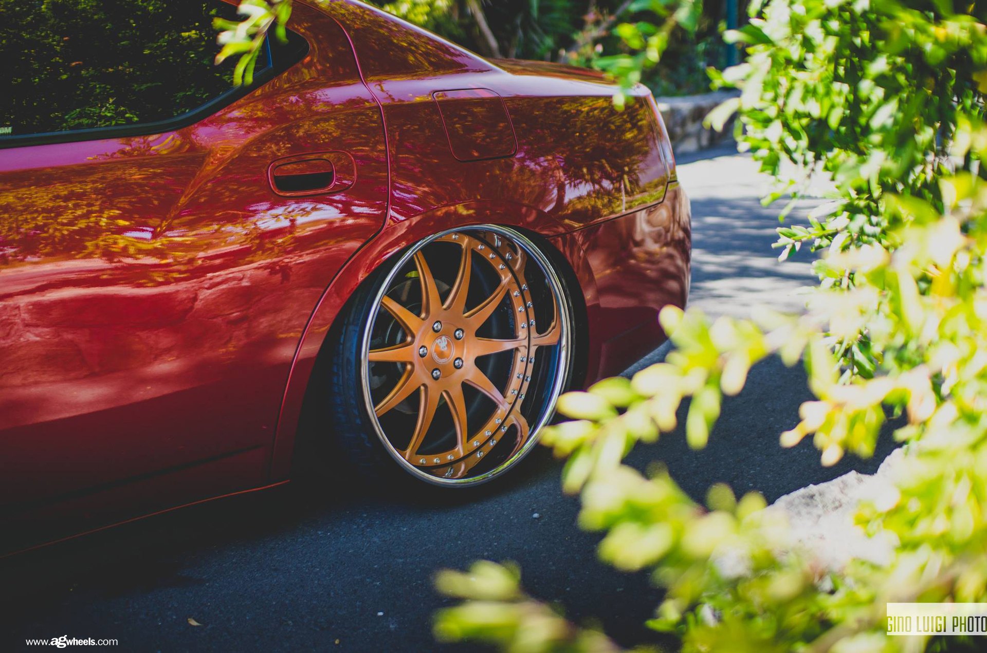 Gold Avant Garde Rims on Red Stanced Dodge Charger - Photo by Avant Garde Wheels