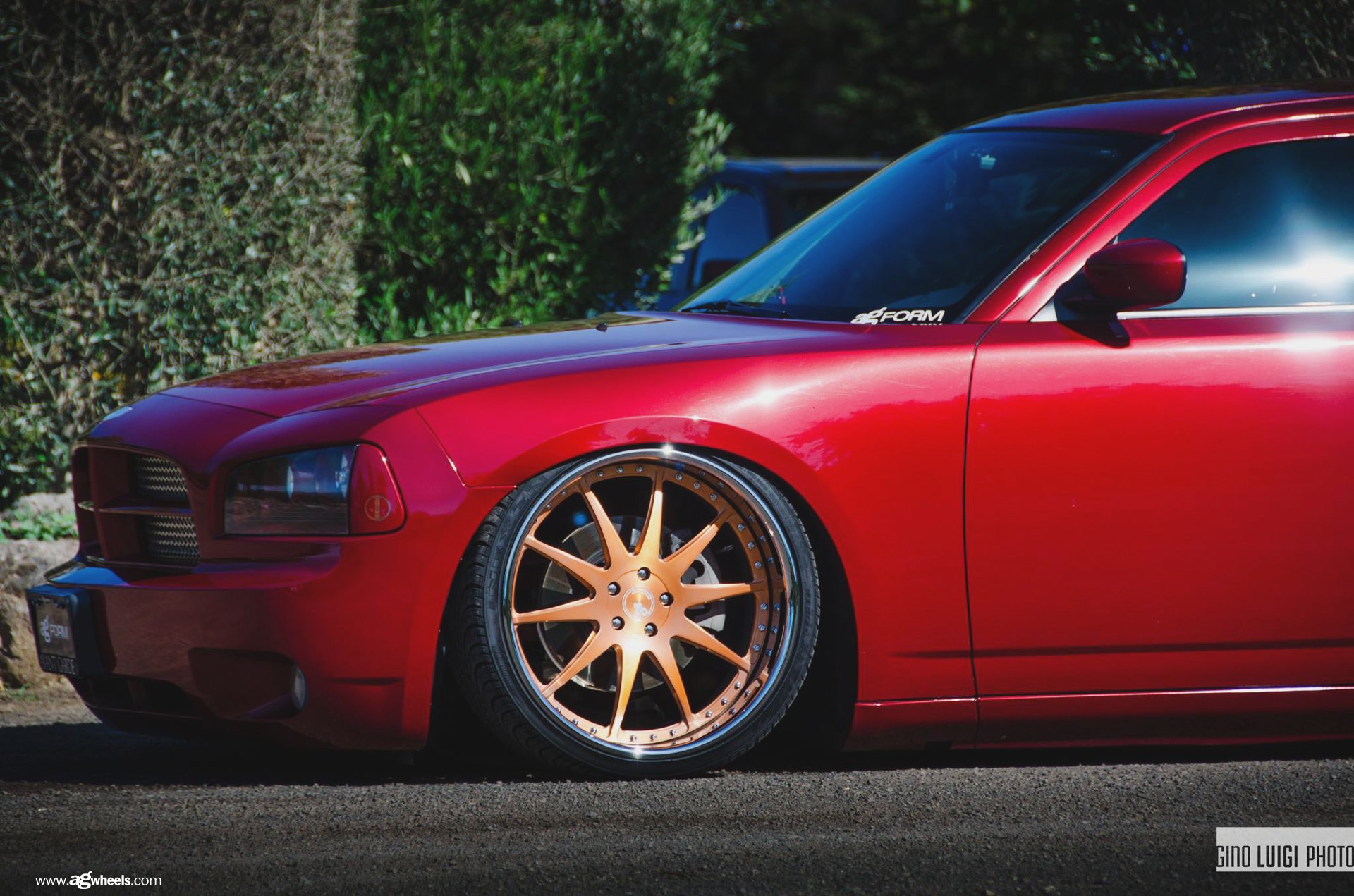 Red Stanced Dodge Charger with Custom Front Bumper - Photo by Avant Garde Wheels