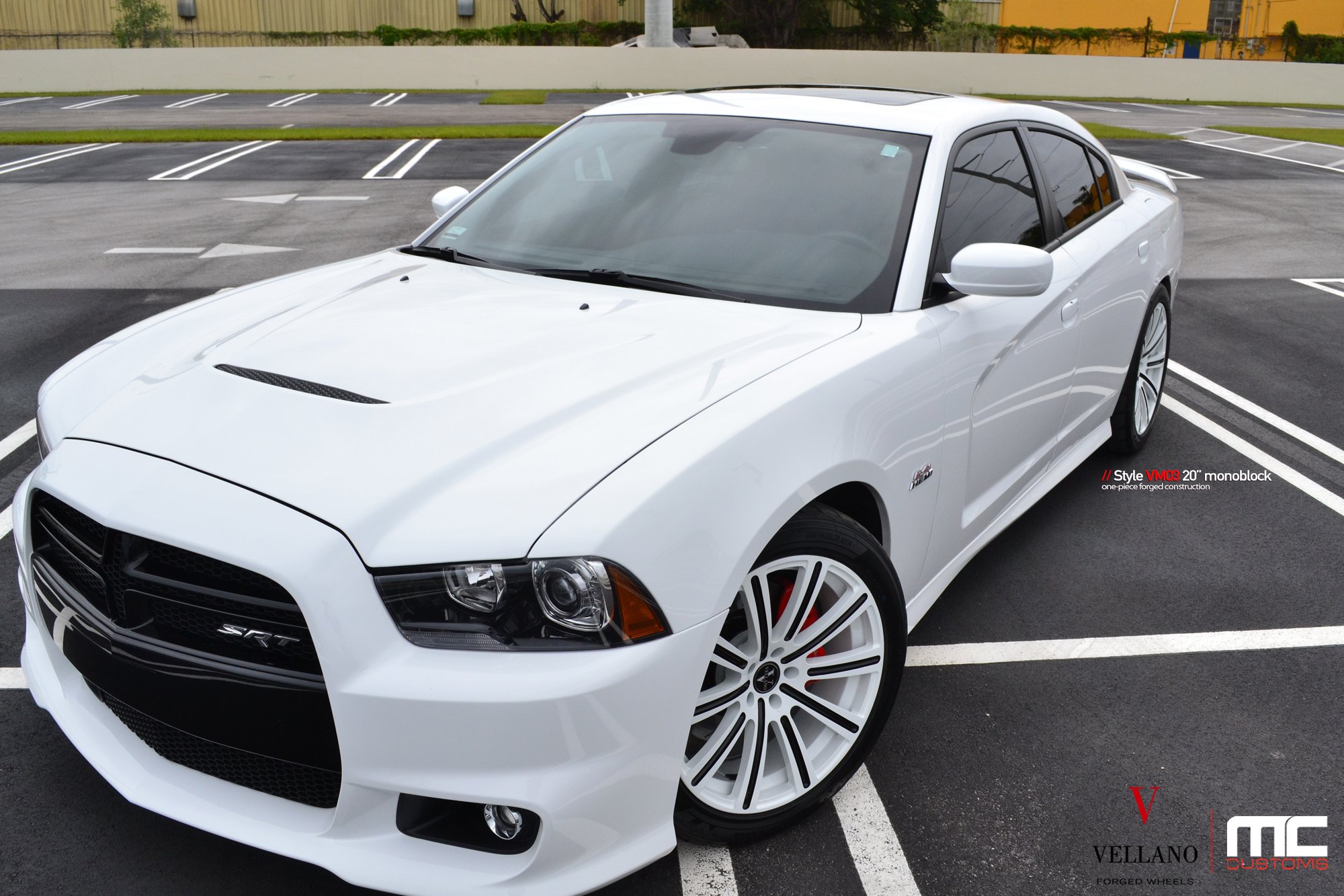 White Dodge Charger with Aftermarket Hood - Photo by Vellano
