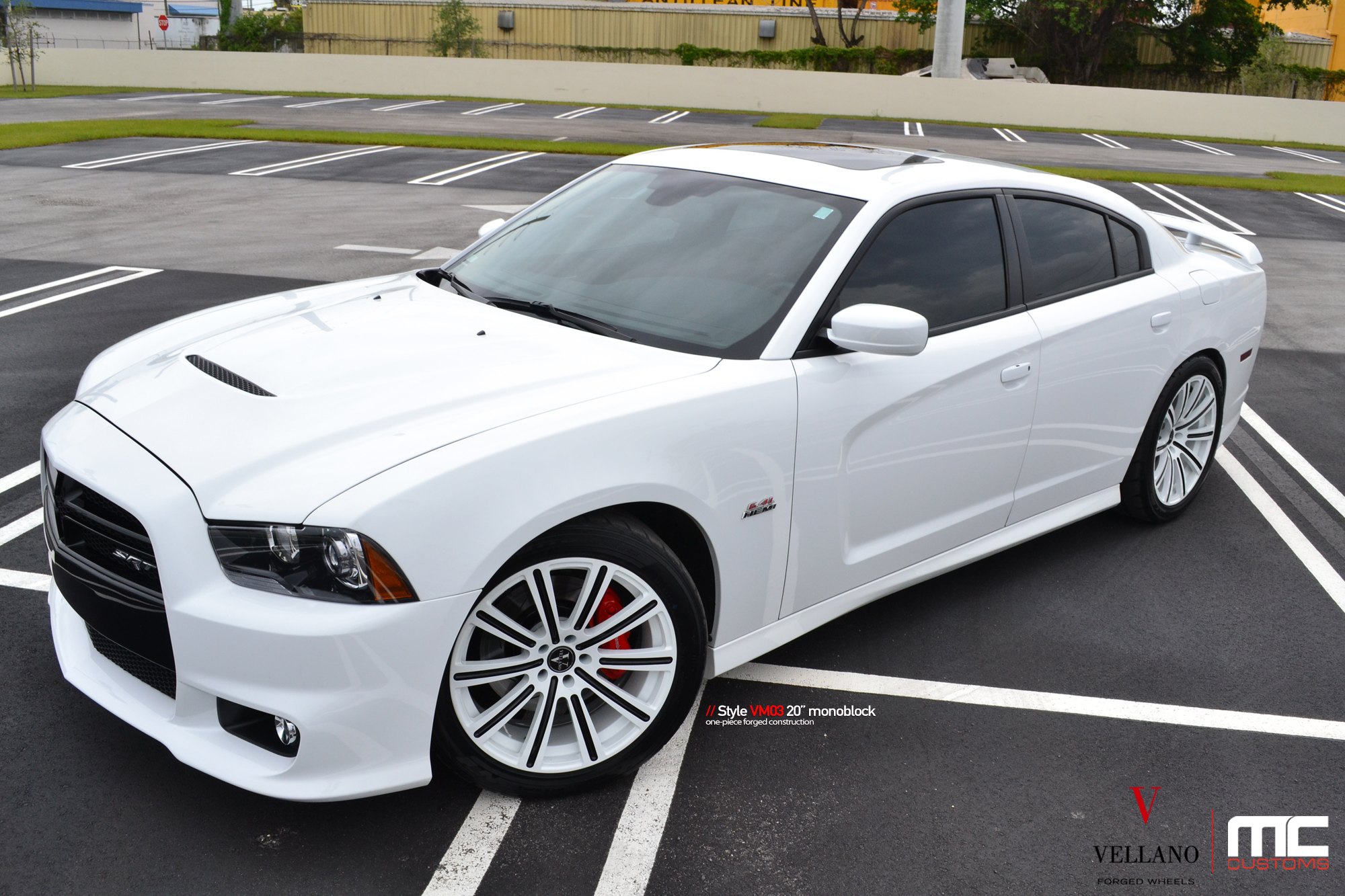 Custom White Dodge Charger Side Skirts - Photo by Vellano