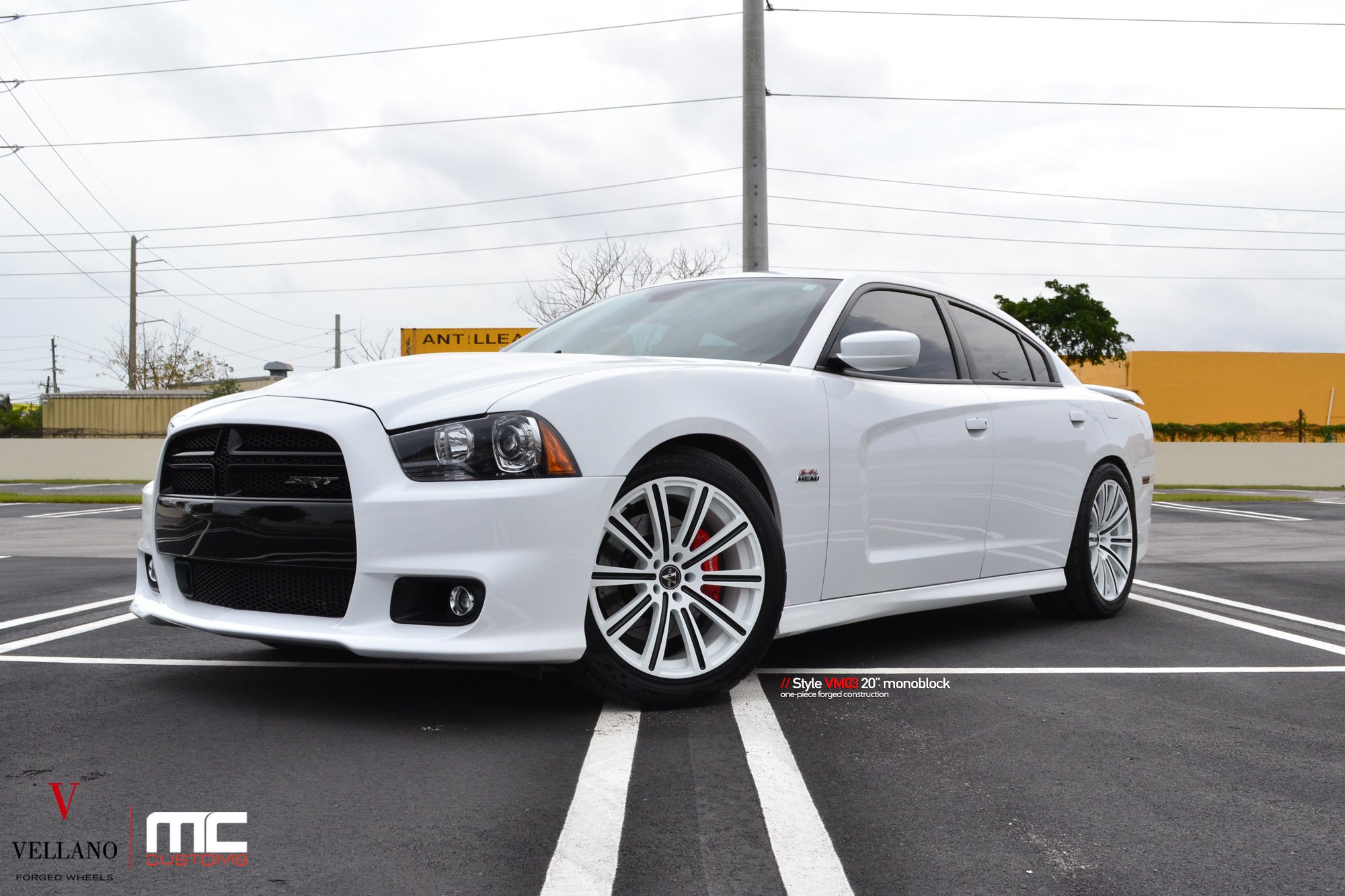 White Dodge Charger SRT with Aftermarket Headlights - Photo by Vellano