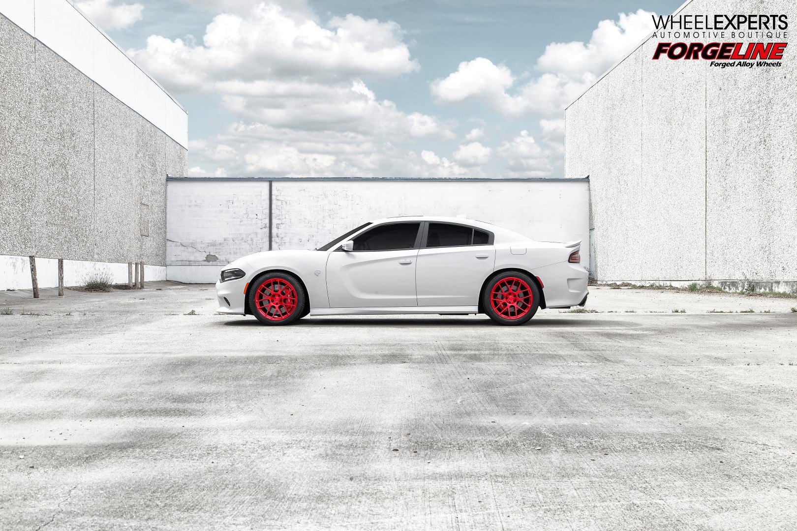 White Dodge Charger with Aftermarket Side Skirts  - Photo by Forgeline Motorsports