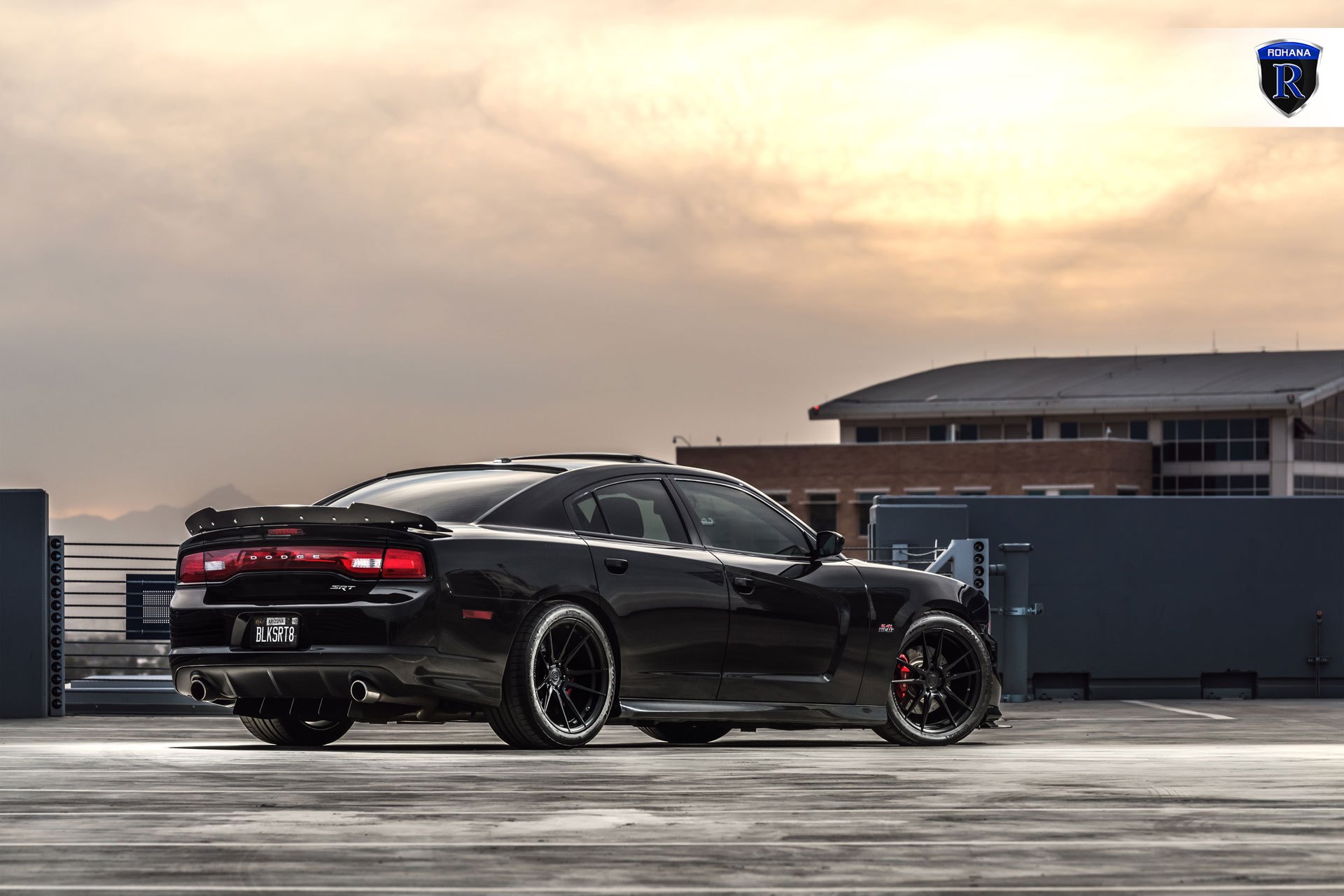 Black Dodge Charger with Custom Style Rear Spoiler - Photo by Rohana Wheels