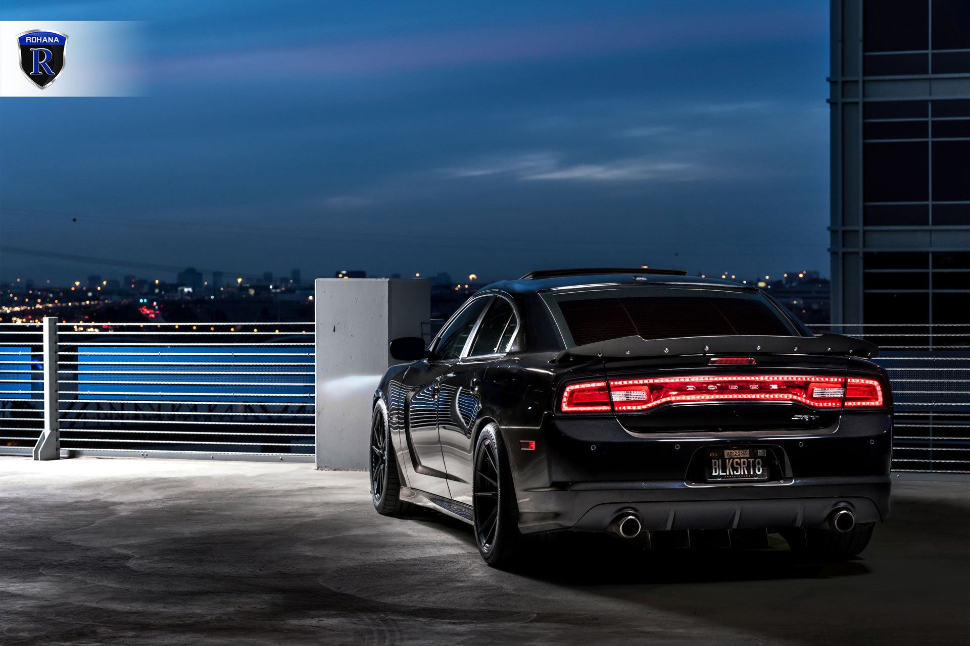 Red LED Taillights on Black Dodge Charger SRT - Photo by Rohana Wheels