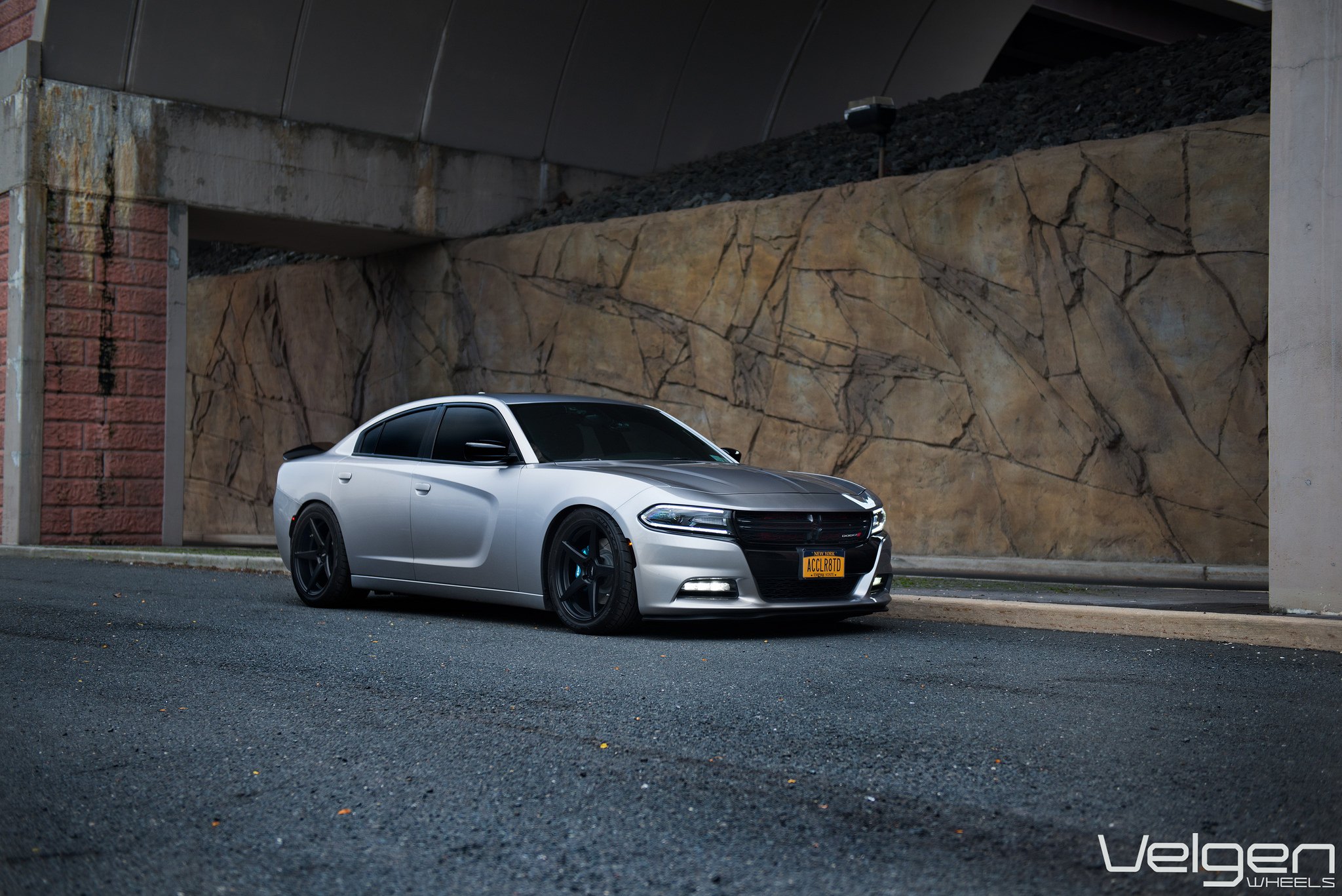 Front Bumper with LED Lights on Silver Dodge Charger - Photo by Velgen