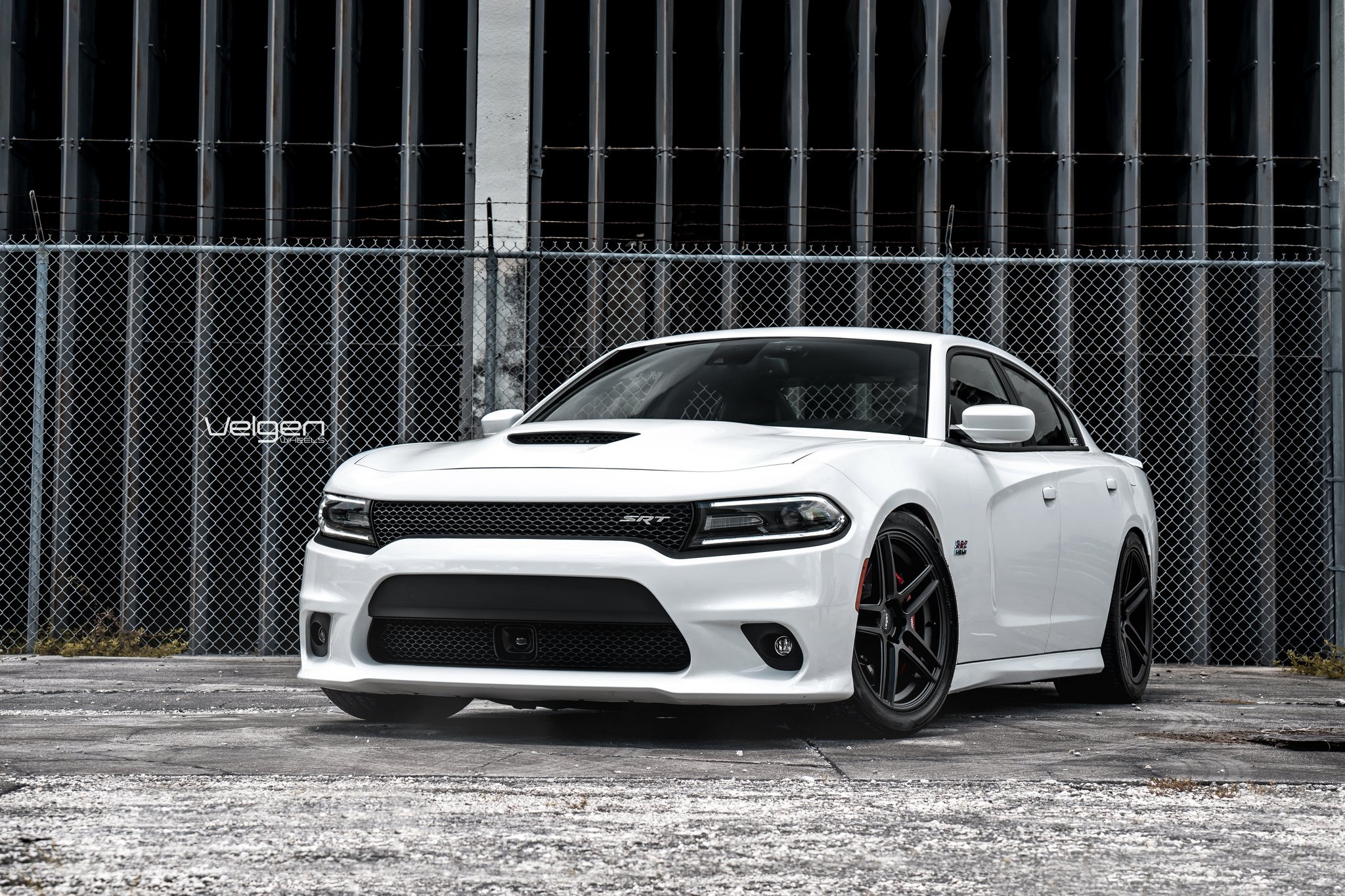 White Dodge Charger SRT with Aftermarket Hood - Photo by Velgen