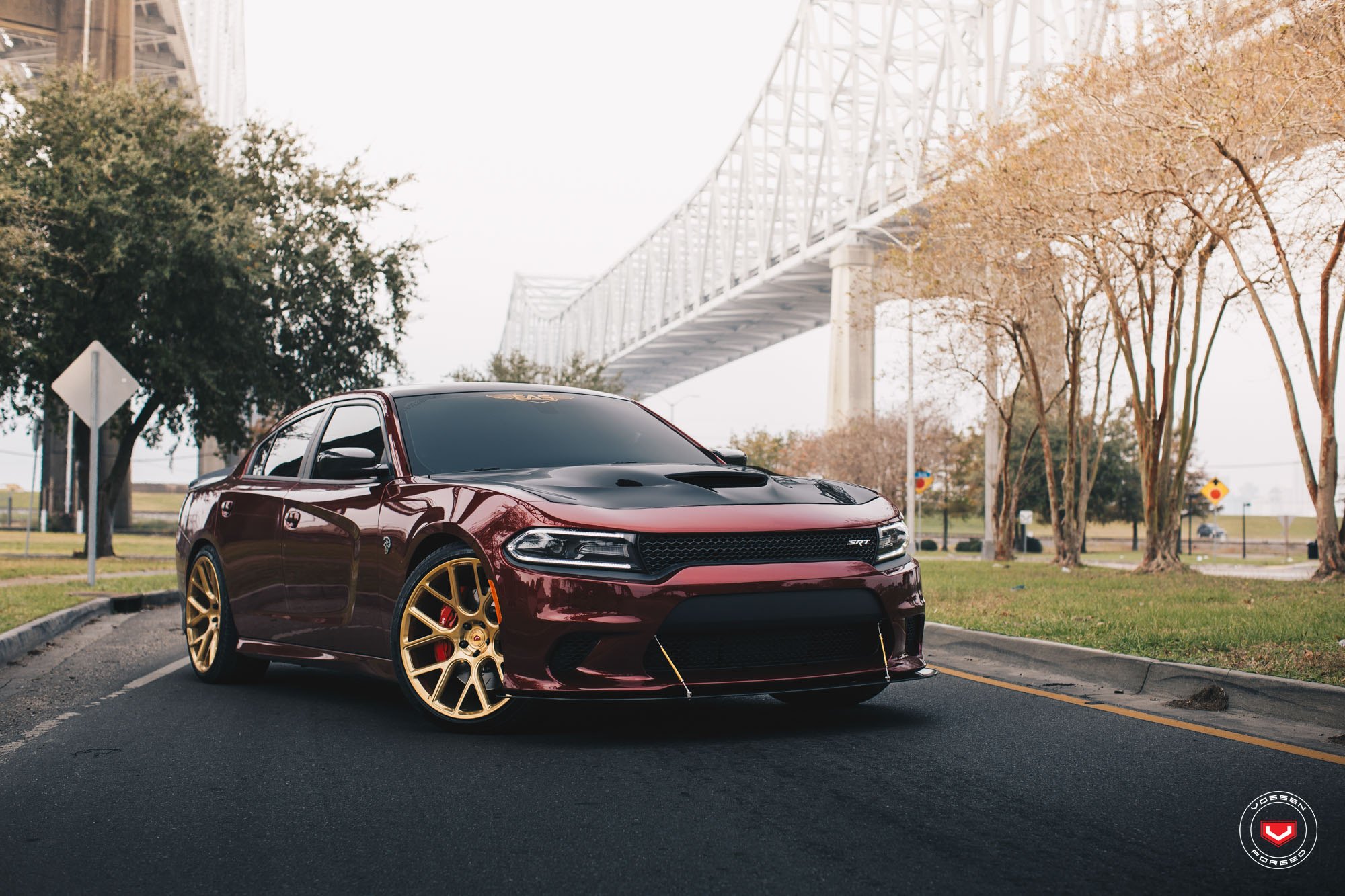 Custom Vented Hood on Red Dodge Charger SRT - Photo by Vossen