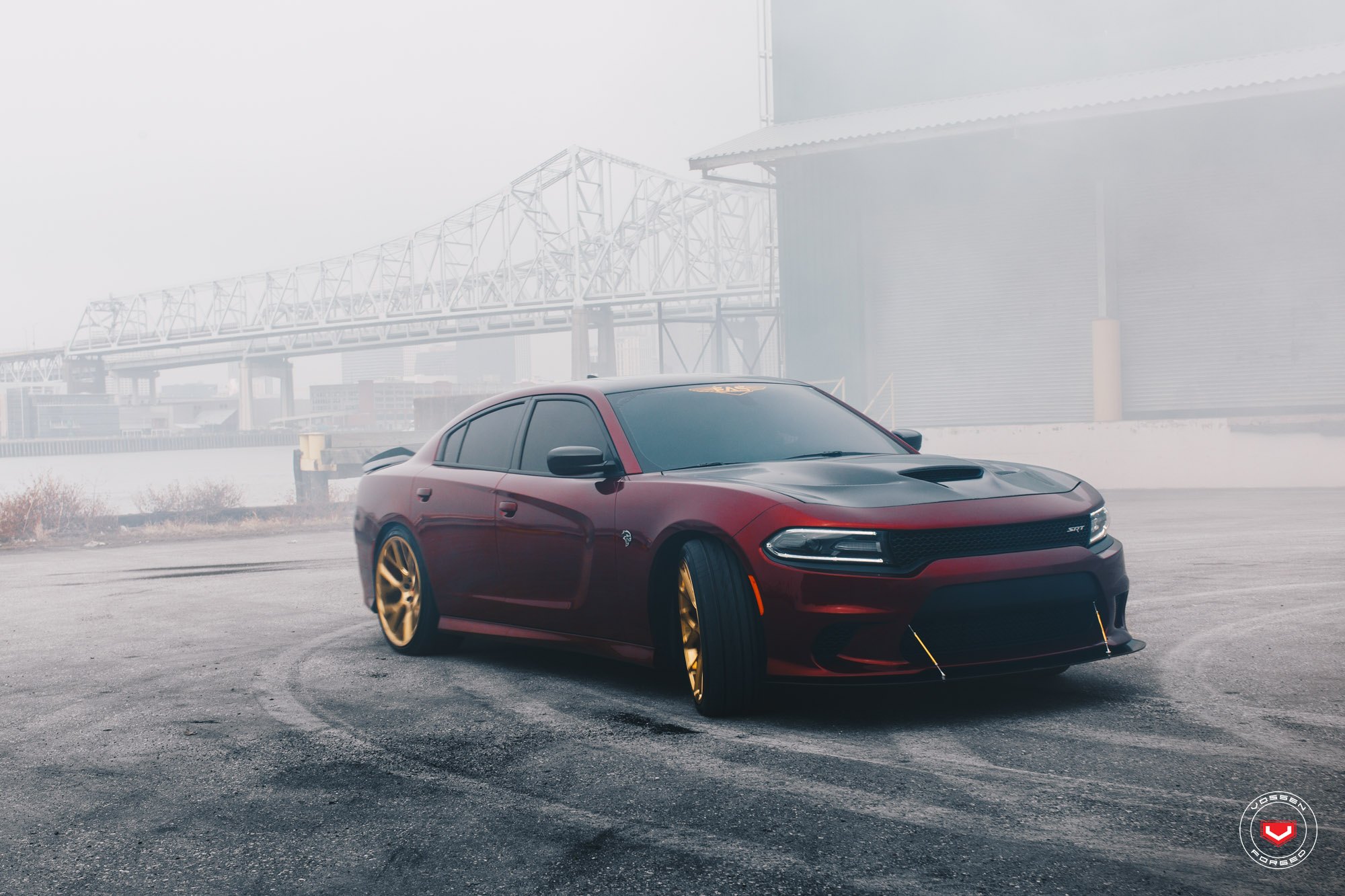 Aftermarket Front Lip on Red Dodge Charger SRT - Photo by Vossen