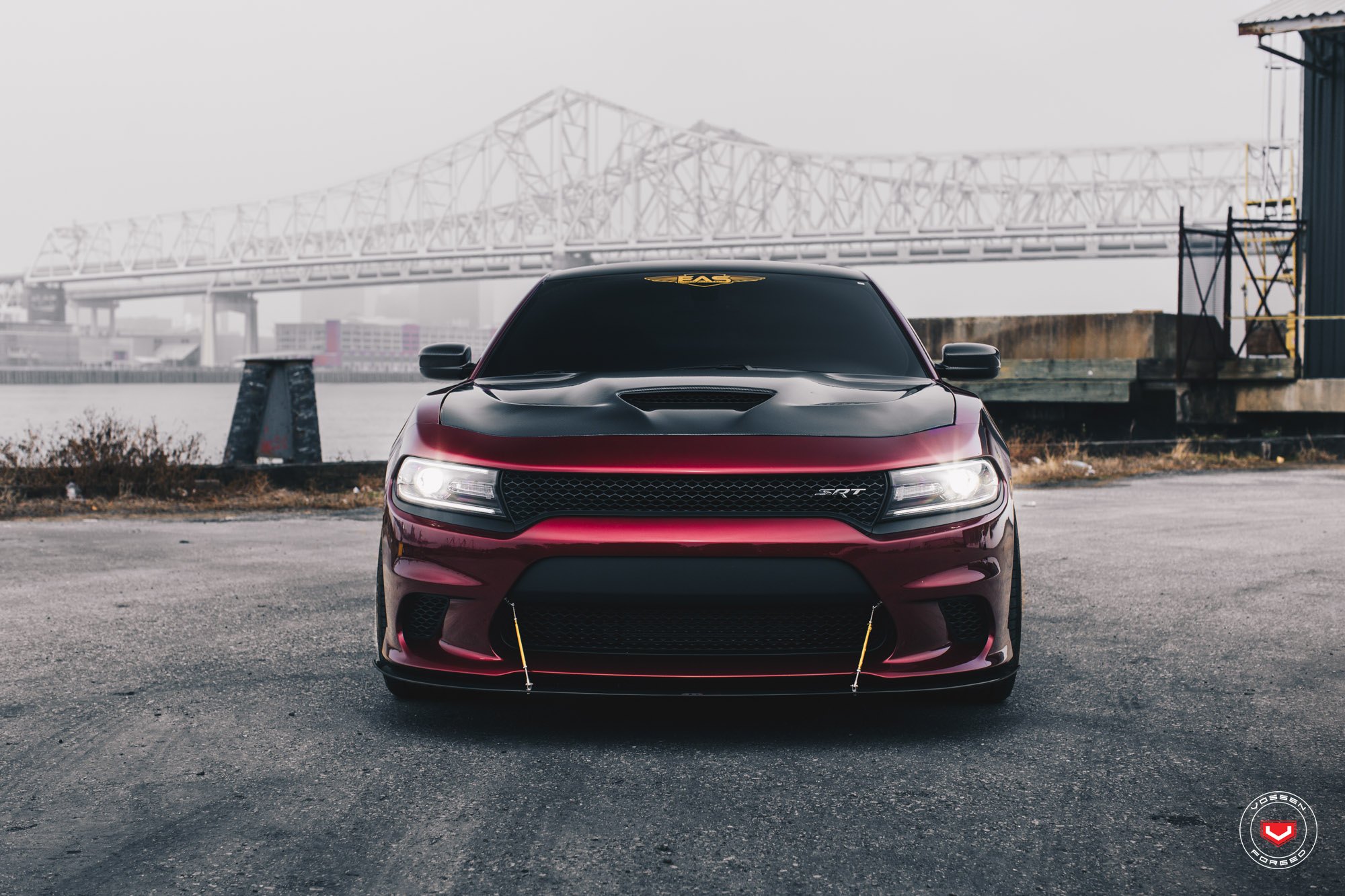 Aftermarket Front Bumper on Red Dodge Charger SRT - Photo by Vossen