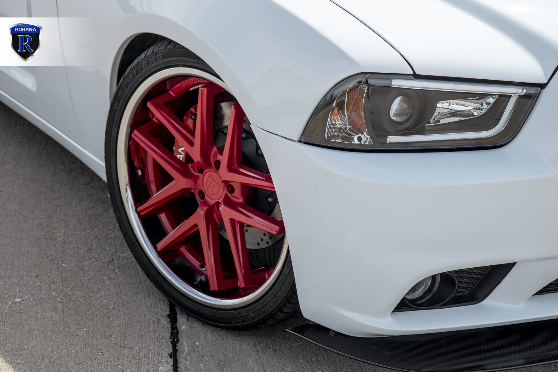 Custom Red Rohana Wheels on White Dodge Charger - Photo by Rohana Wheels