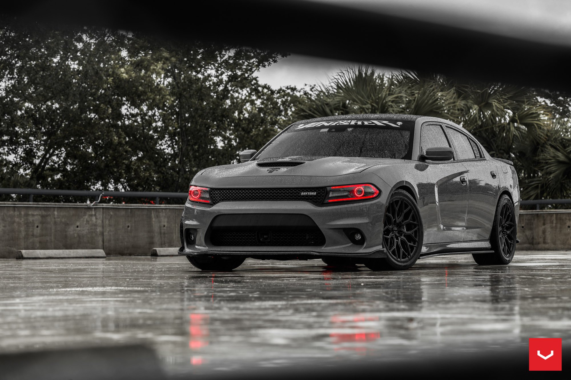 Gray Dodge Charger with Custom Color Halo Headlights - Photo by Vossen