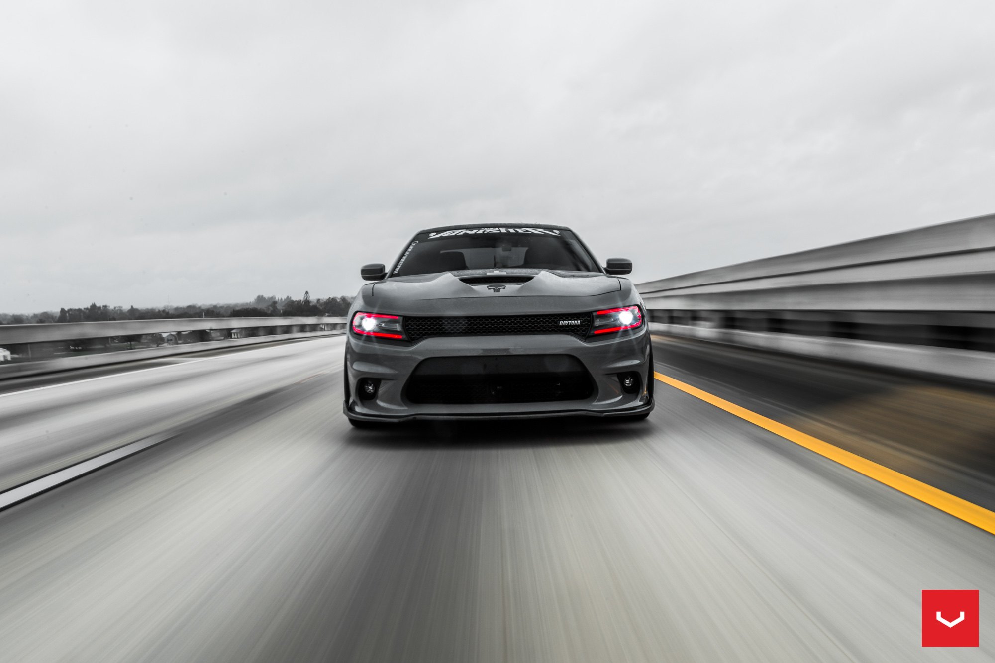 Gray Dodge Charger with Aftermarket Vented Hood - Photo by Vossen