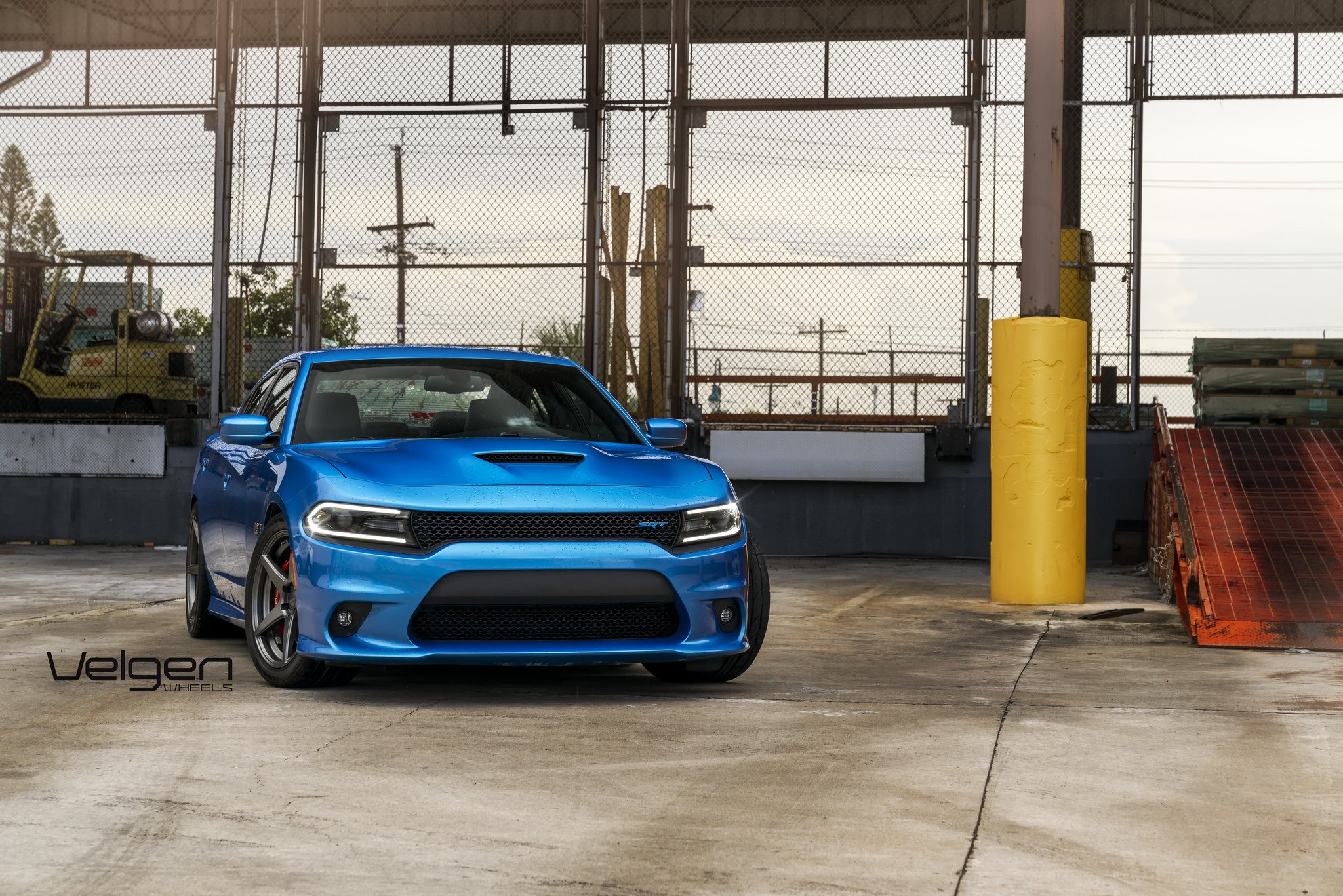 Aftermarket LED-Bar Style Headlights on Blue Dodge Charger - Photo by Velgen Wheels