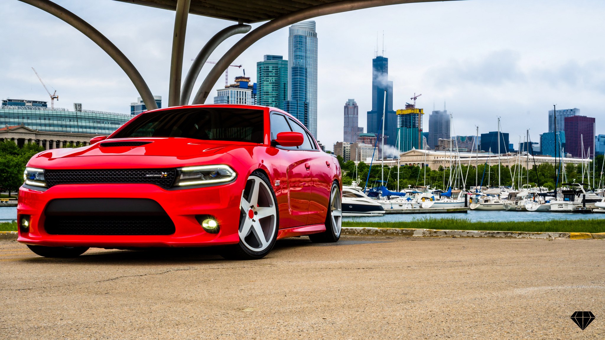 Red Dodge Charger Scat Pack with Custom Vented Hood - Photo by Blaque Diamond Wheels