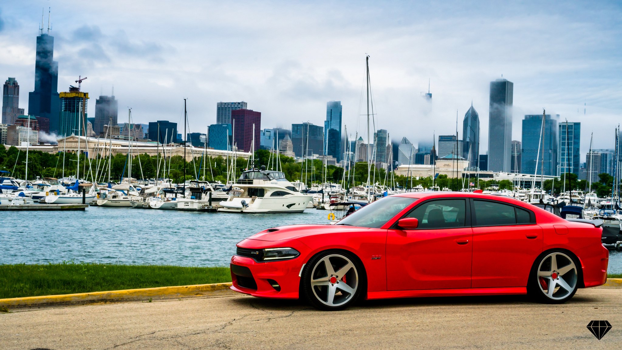 Red Dodge Charger with Custom DRL-Bar Headlights - Photo by Blaque Diamond Wheels