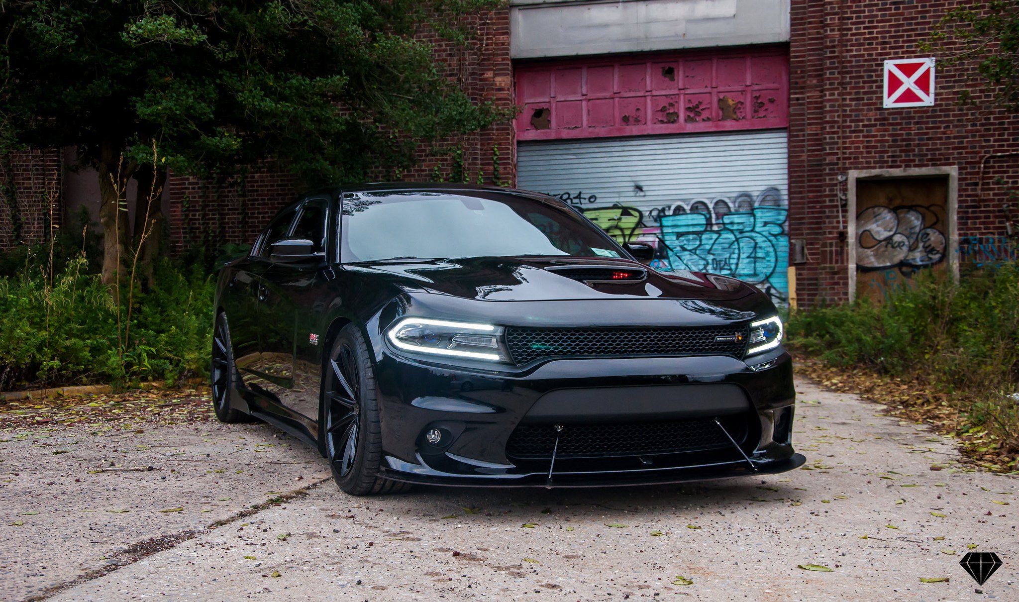 Custom Vented Hood on Black Dodge Charger Scat Pack - Photo by Blaque Diamond Wheels
