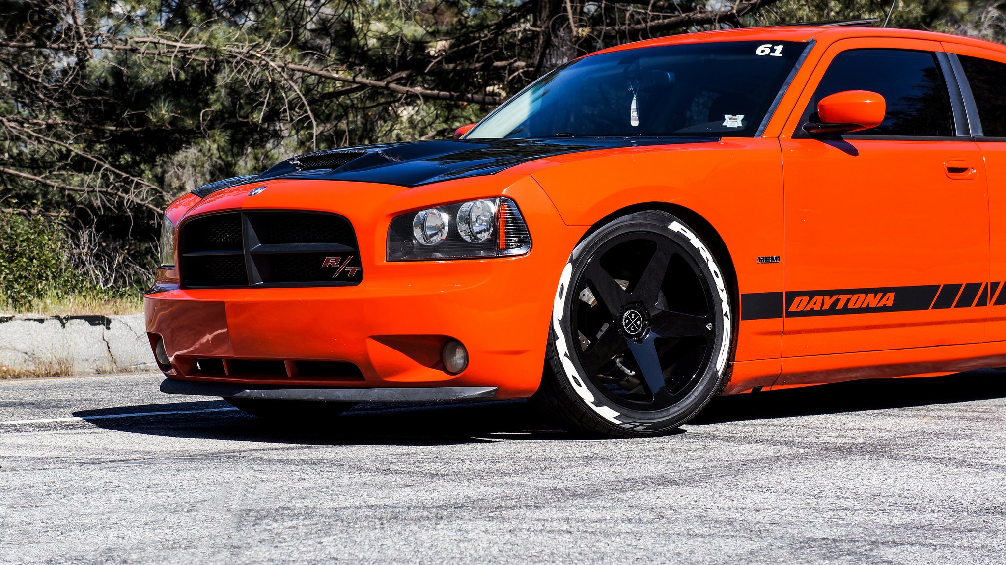 Orange Dodge Charger RT with Custom Vented Hood - Photo by Blaque Diamond Wheels