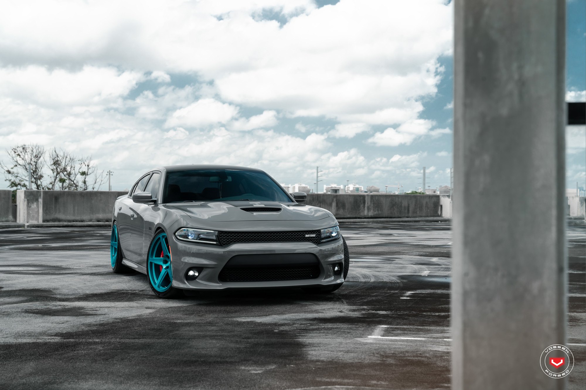 Gray Dodge Charger Daytona with Custom Vented Hood - Photo by Vossen