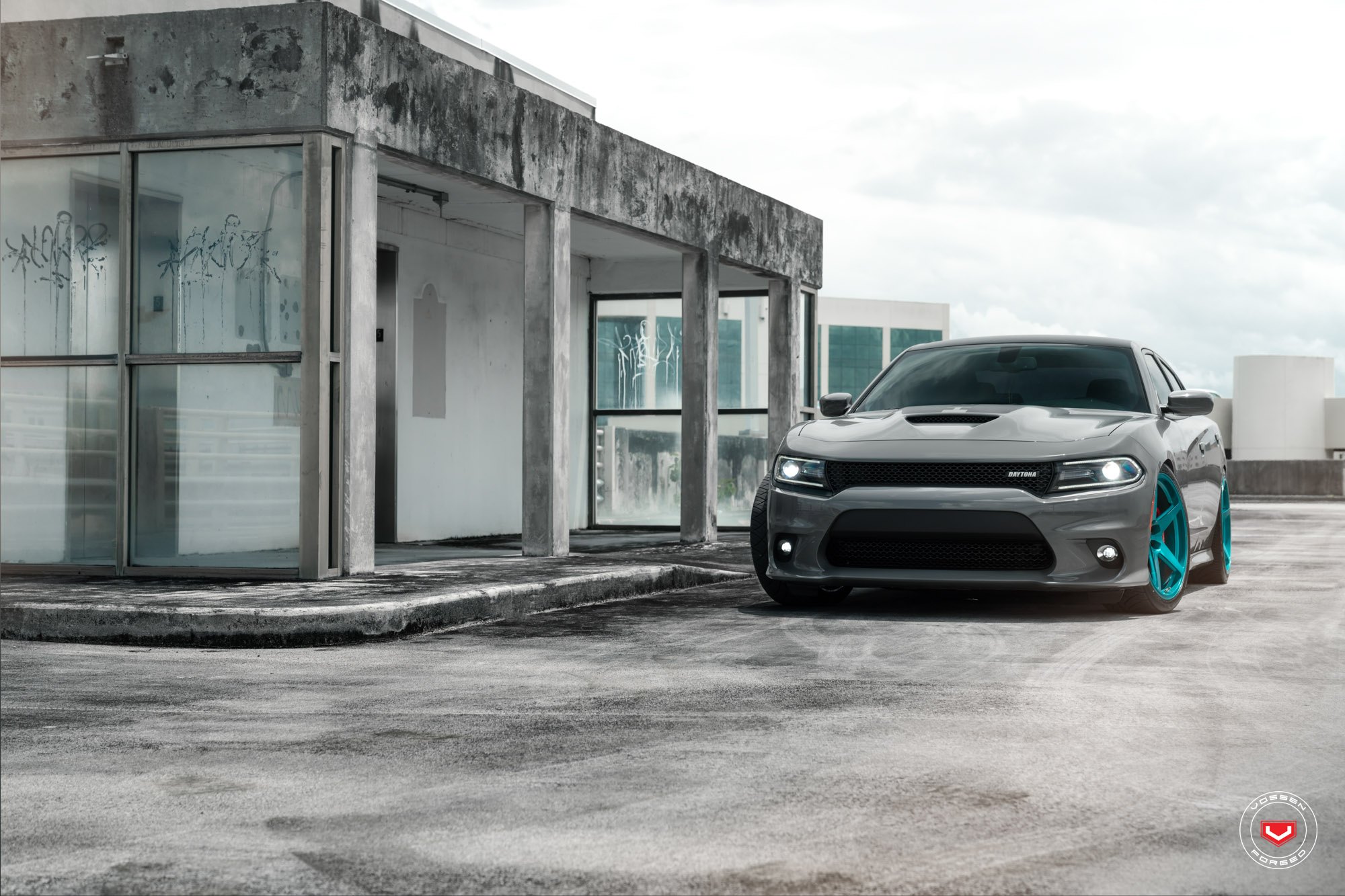 Custom LED-Bar Style Headlights on Gray Dodge Charger - Photo by Vossen