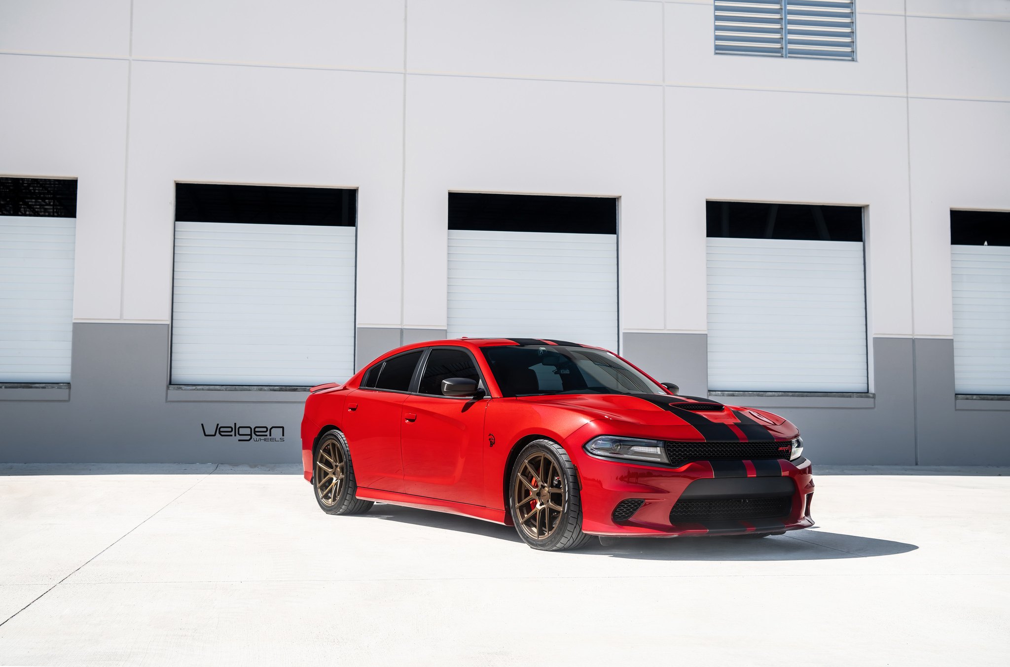 Red Dodge Charger SRT with Custom Vented Hood - Photo by Velgen