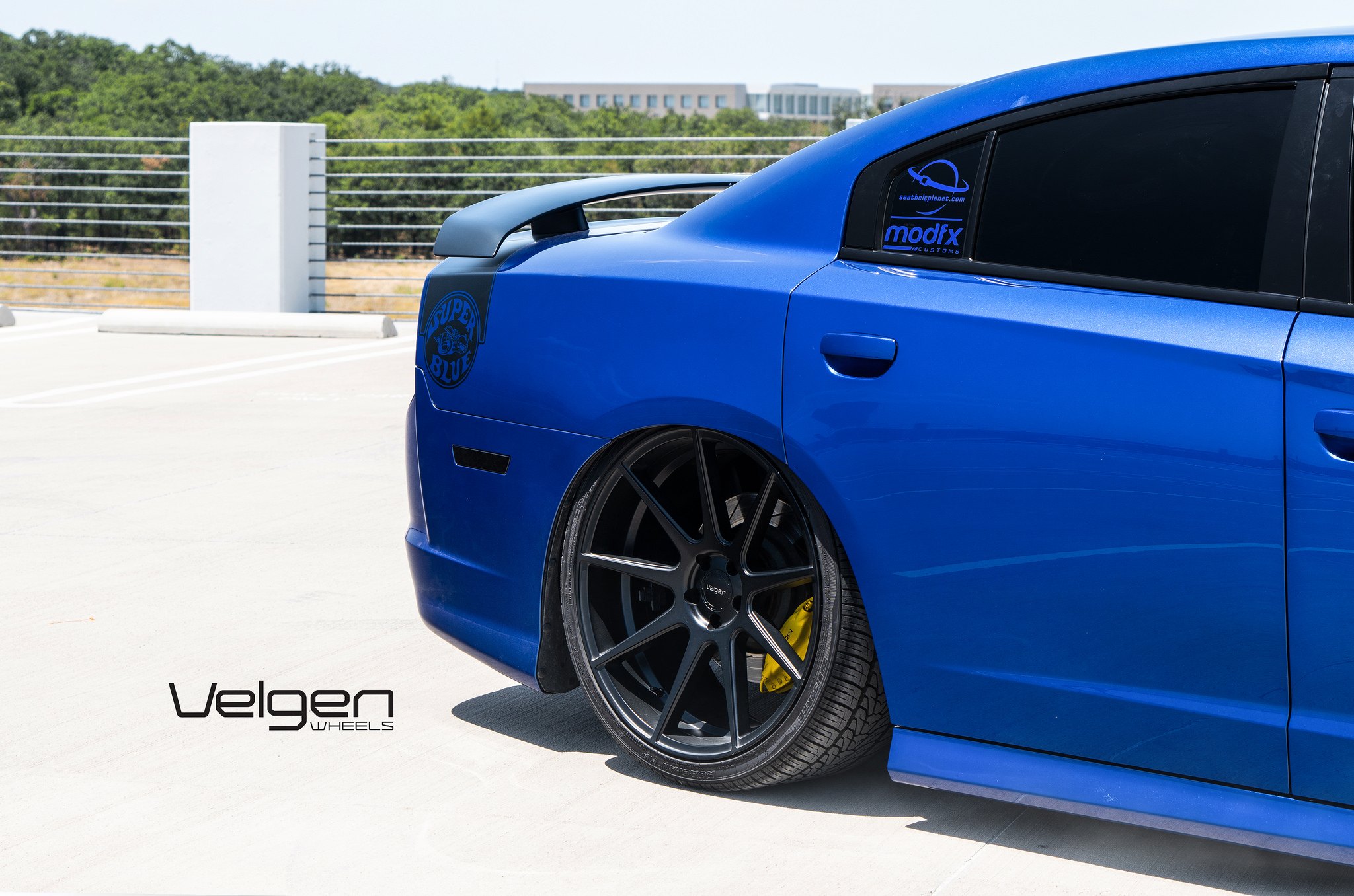 Velgen Rims with Yellow Brakes on Blue Dodge Charger - Photo by Velgen