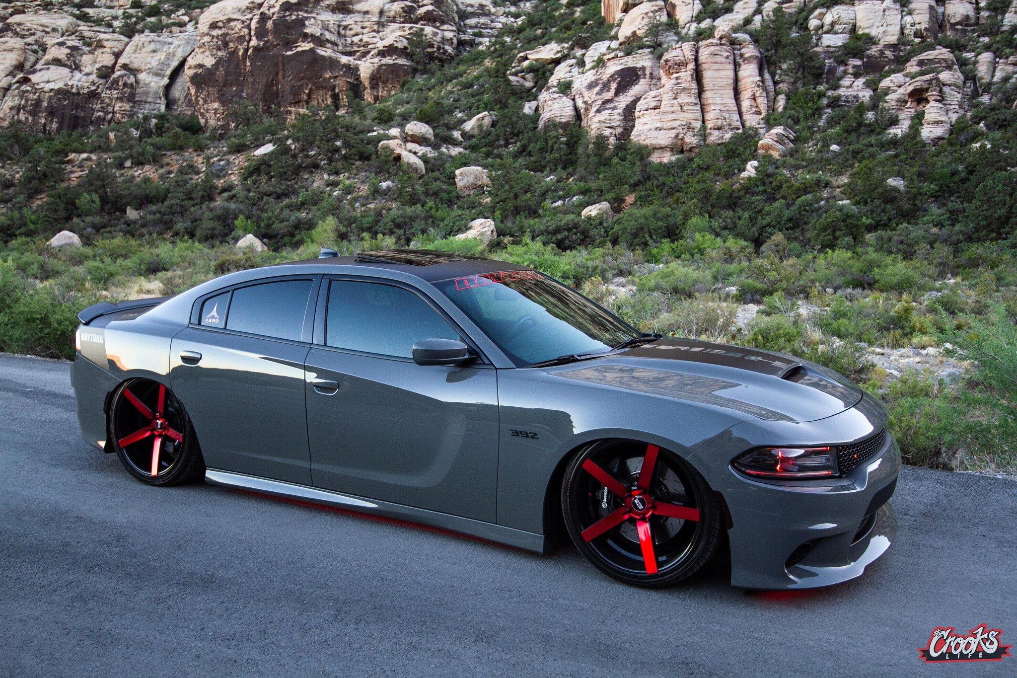 Gray Dodge Charger with Gloss Red STR Wheels - Photo by Jimmy Crook