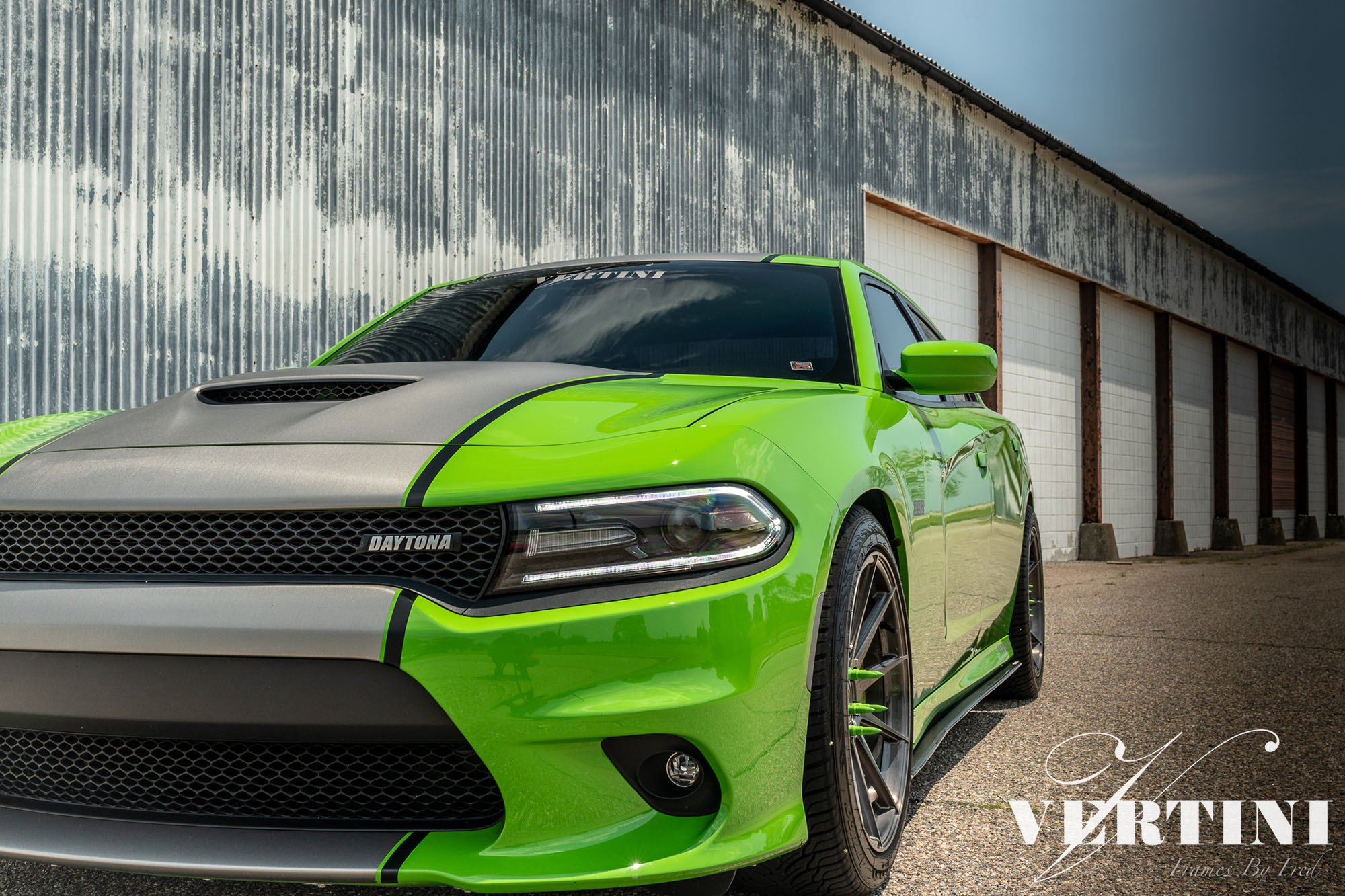LED-Bar Style Headlights on Green Dodge Charger - Photo by Vertini Wheels