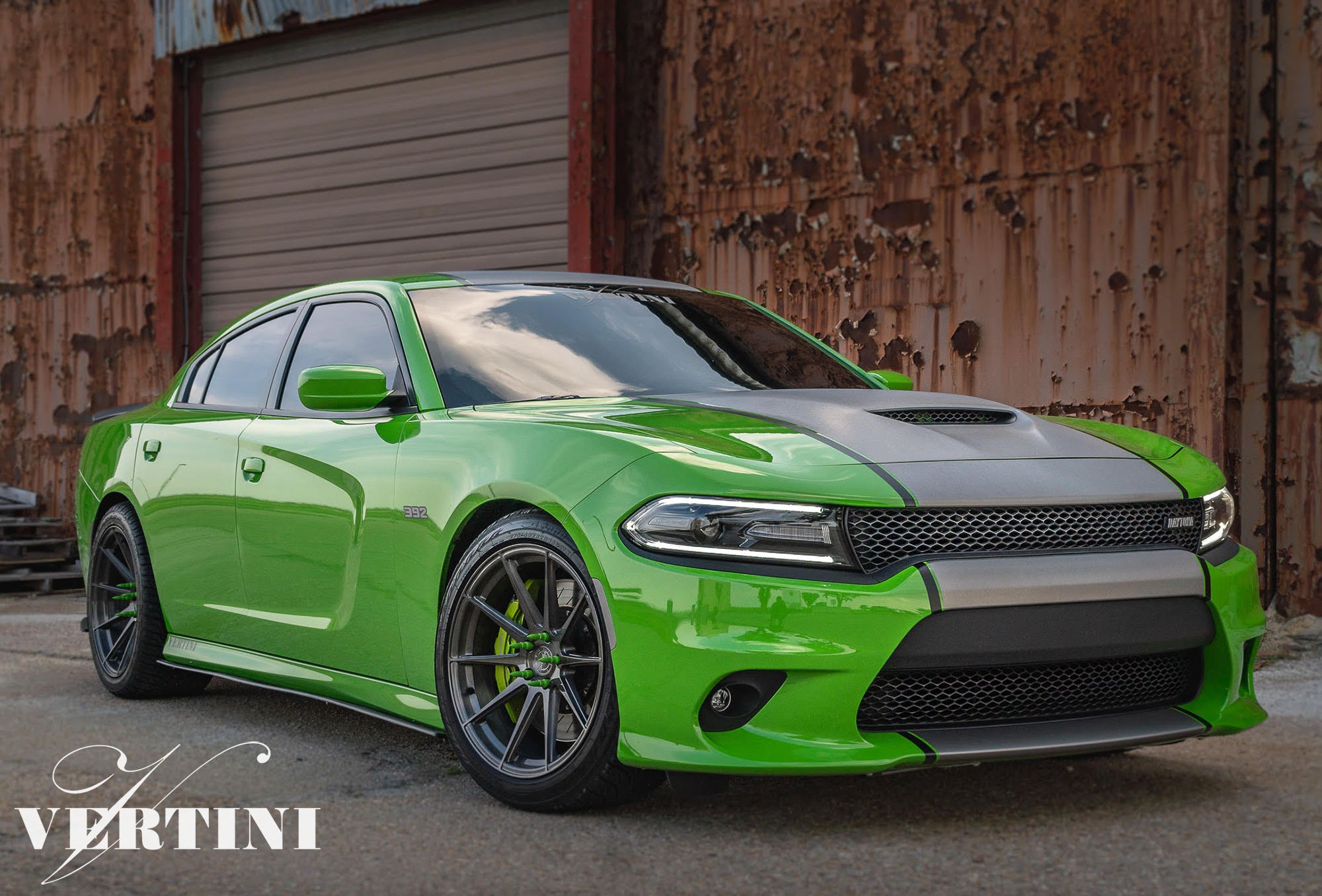 Aftermarket Vented Hood on Green Dodge Charger Daytona - Photo by Vertini Wheels