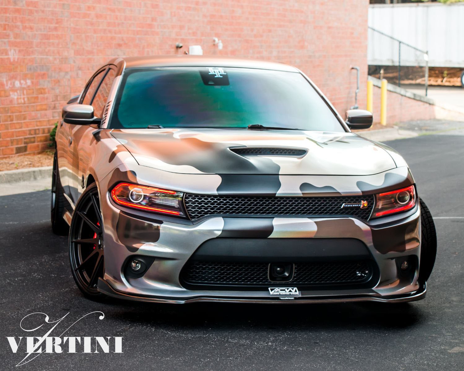 Color LED-Bar Headlights on Camo Dodge Charger - Photo by Vertini Wheels