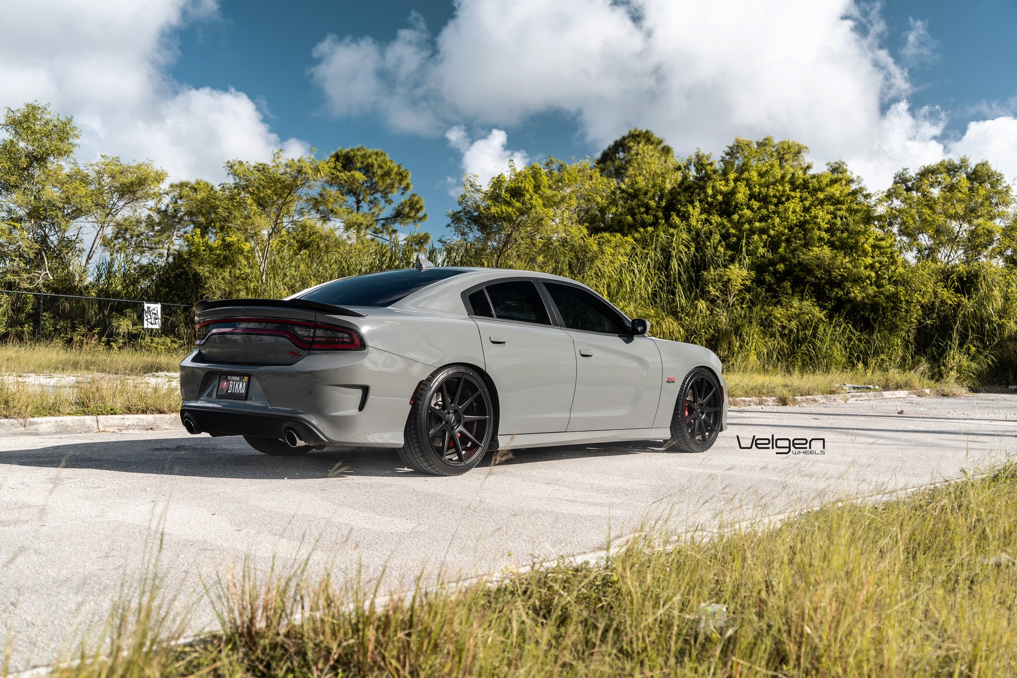 Gray Dodge Charger Scat Pack with Custom Rear Spoiler - Photo by Velgen Wheels
