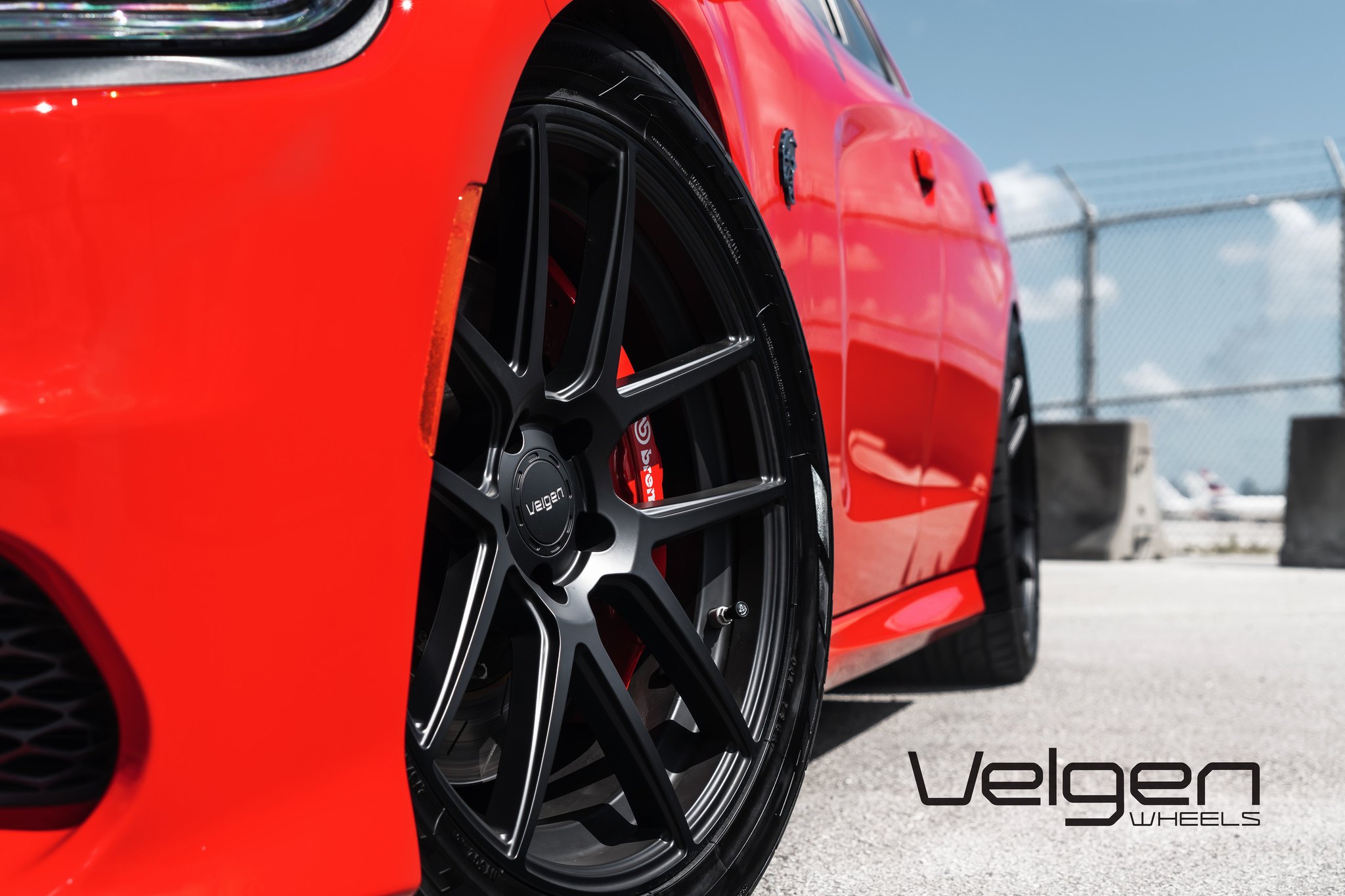 Matte Black Velgen Wheels on Red Dodge Charger SRT - Photo by Velgen Wheels