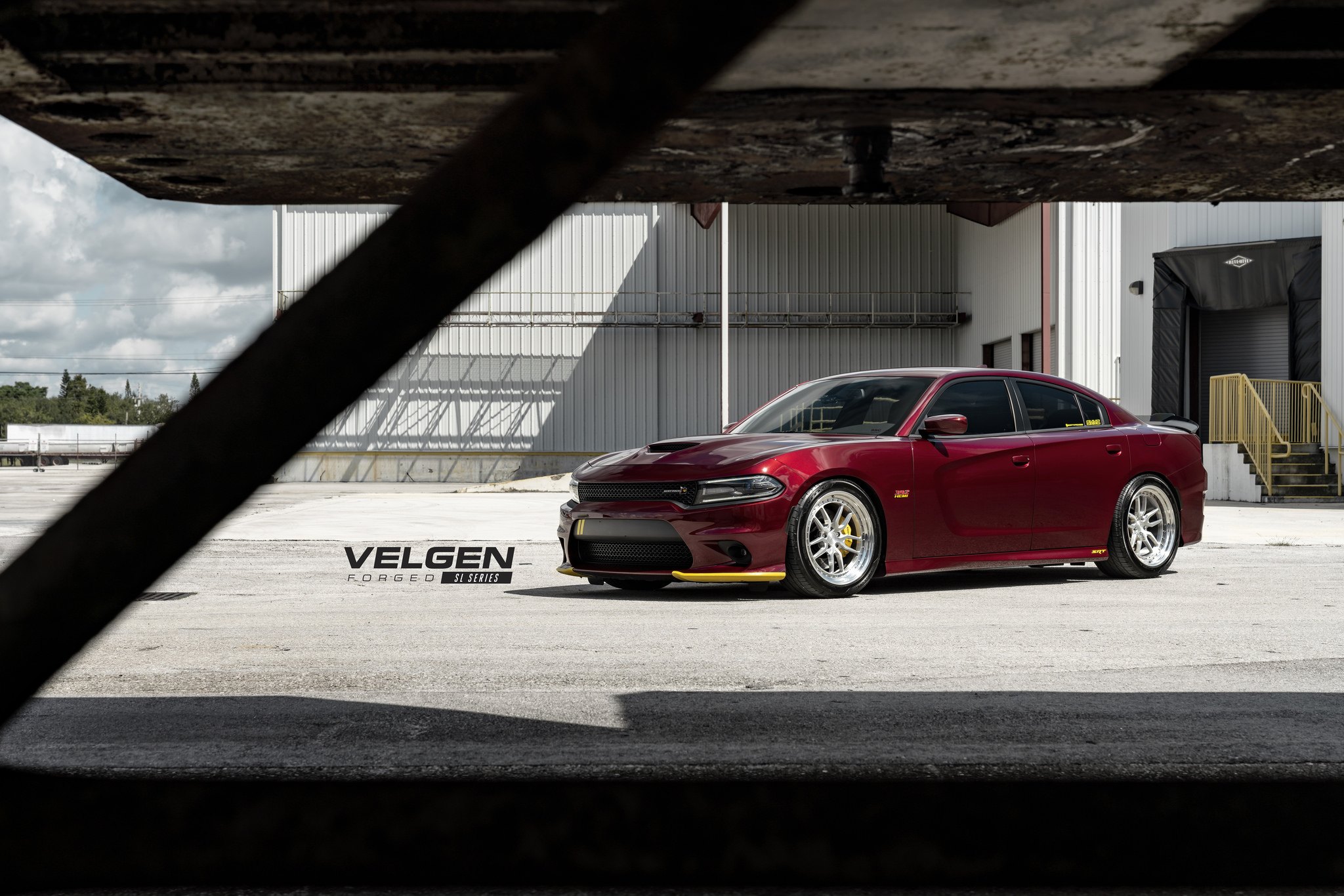 Burgundy Dodge Charger with Custom Vented Hood - Photo by Velgen Wheels