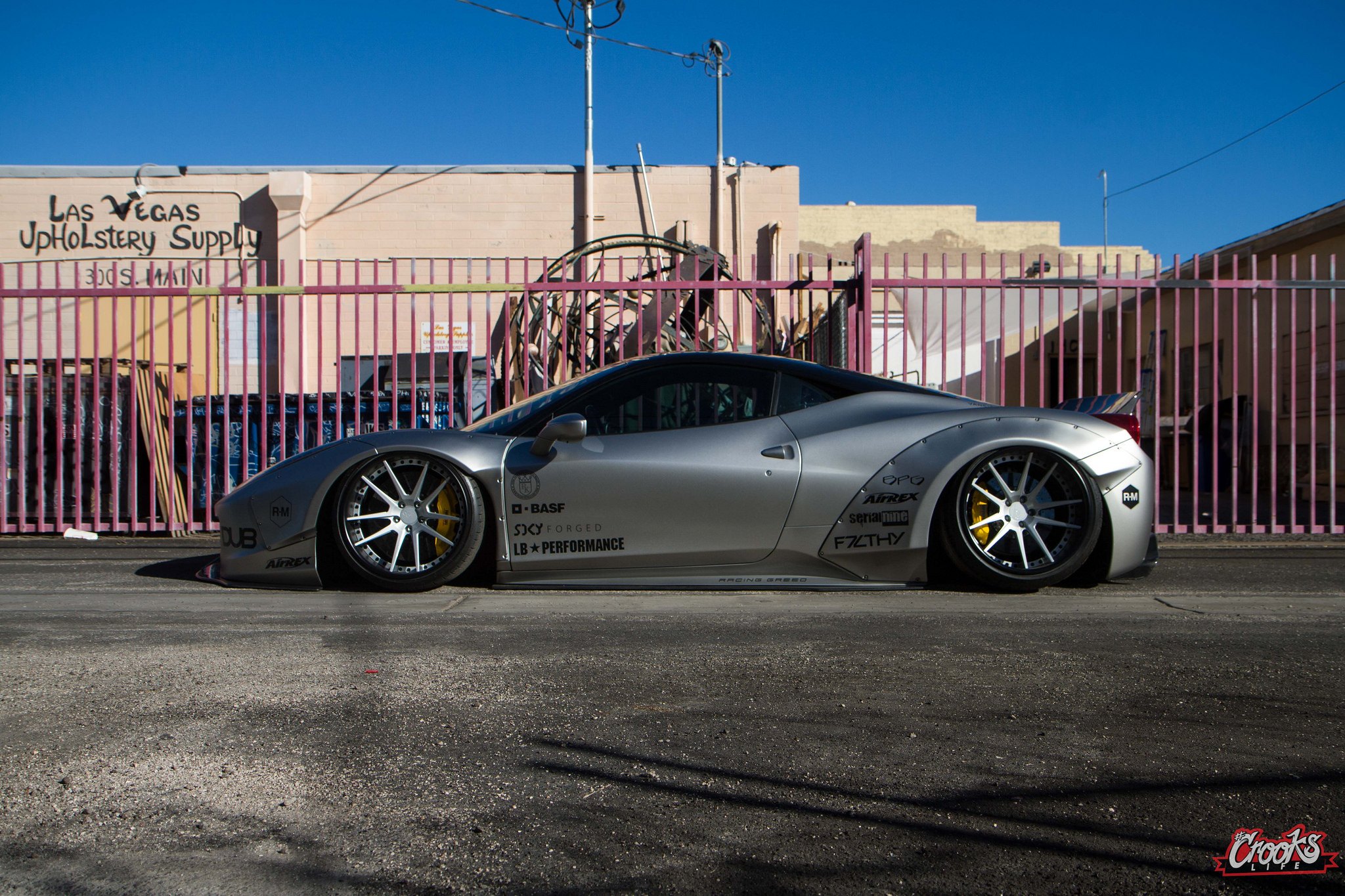 Gray Debadged Ferrari 458 with Aftermarket Fender Flares - Photo by Jimmy Crook