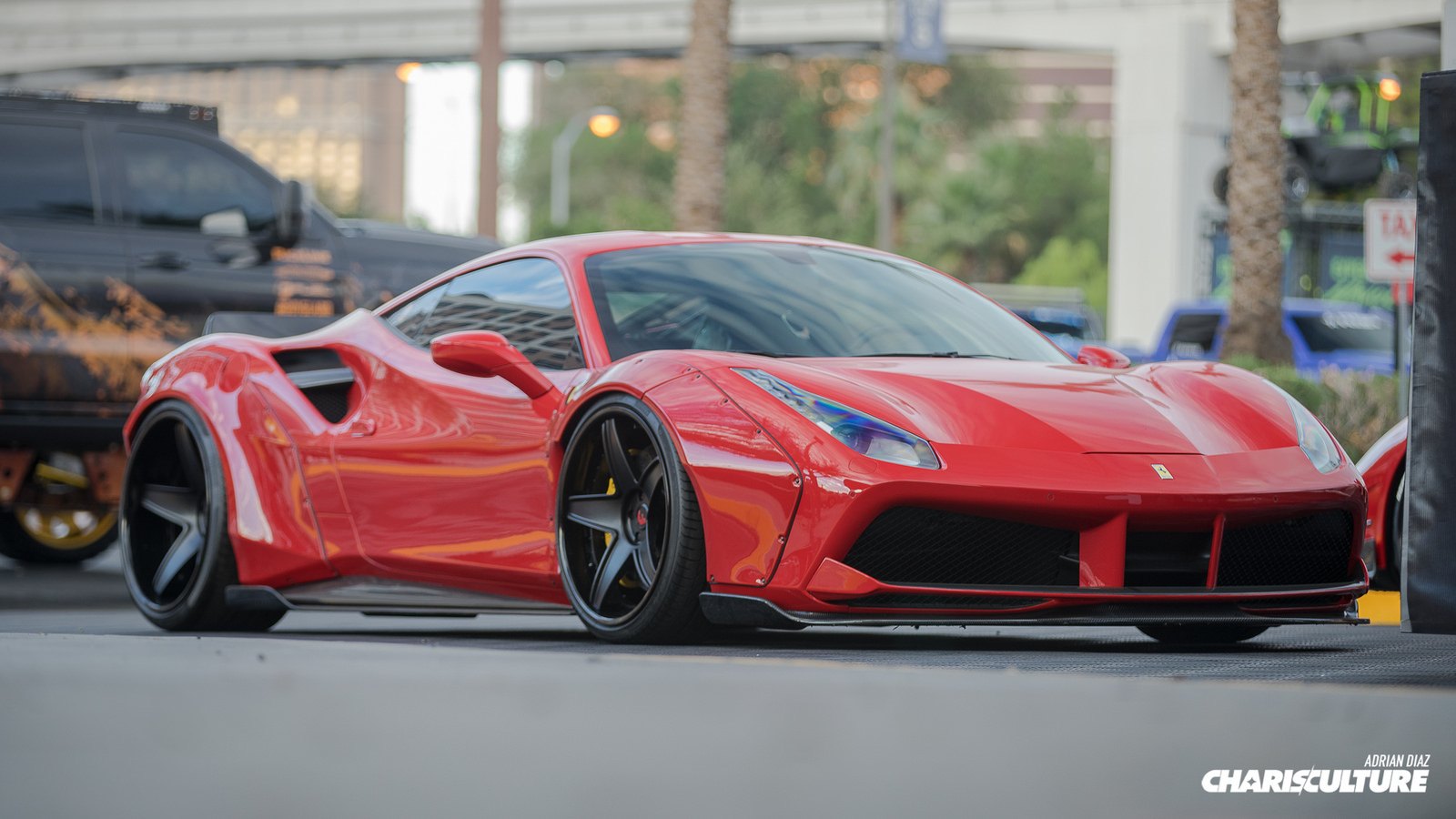 Carbon Fiber Front Lip on Red Ferrari 488 - Photo by The Charis Culture