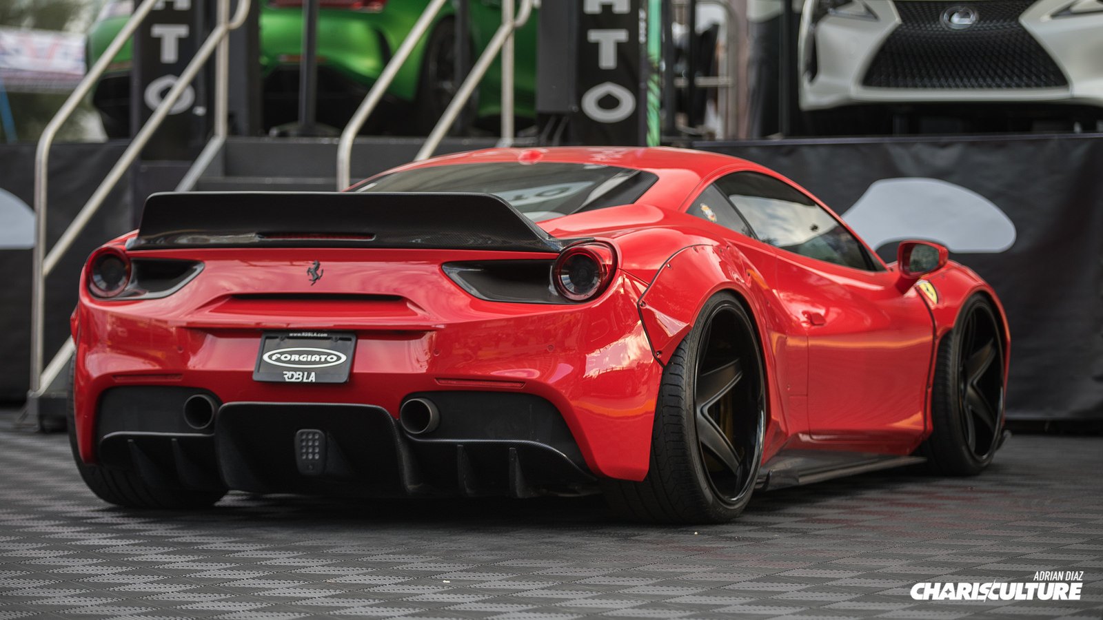 Red Ferrari 488 with Carbon Fiber Rear Spoiler - Photo by The Charis Culture