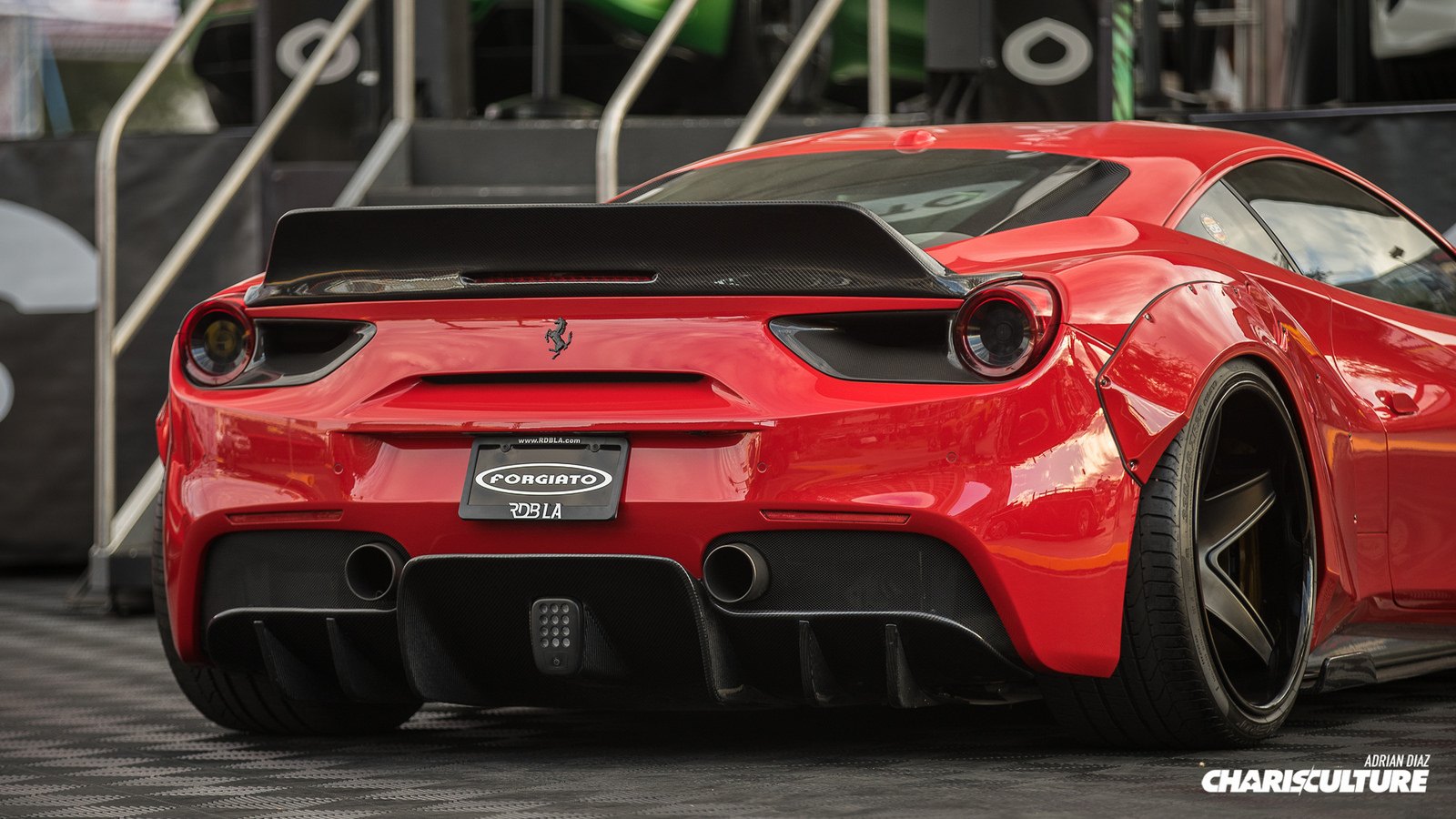 Carbon Fiber Rear Diffuser on Red Ferrari 488 - Photo by The Charis Culture
