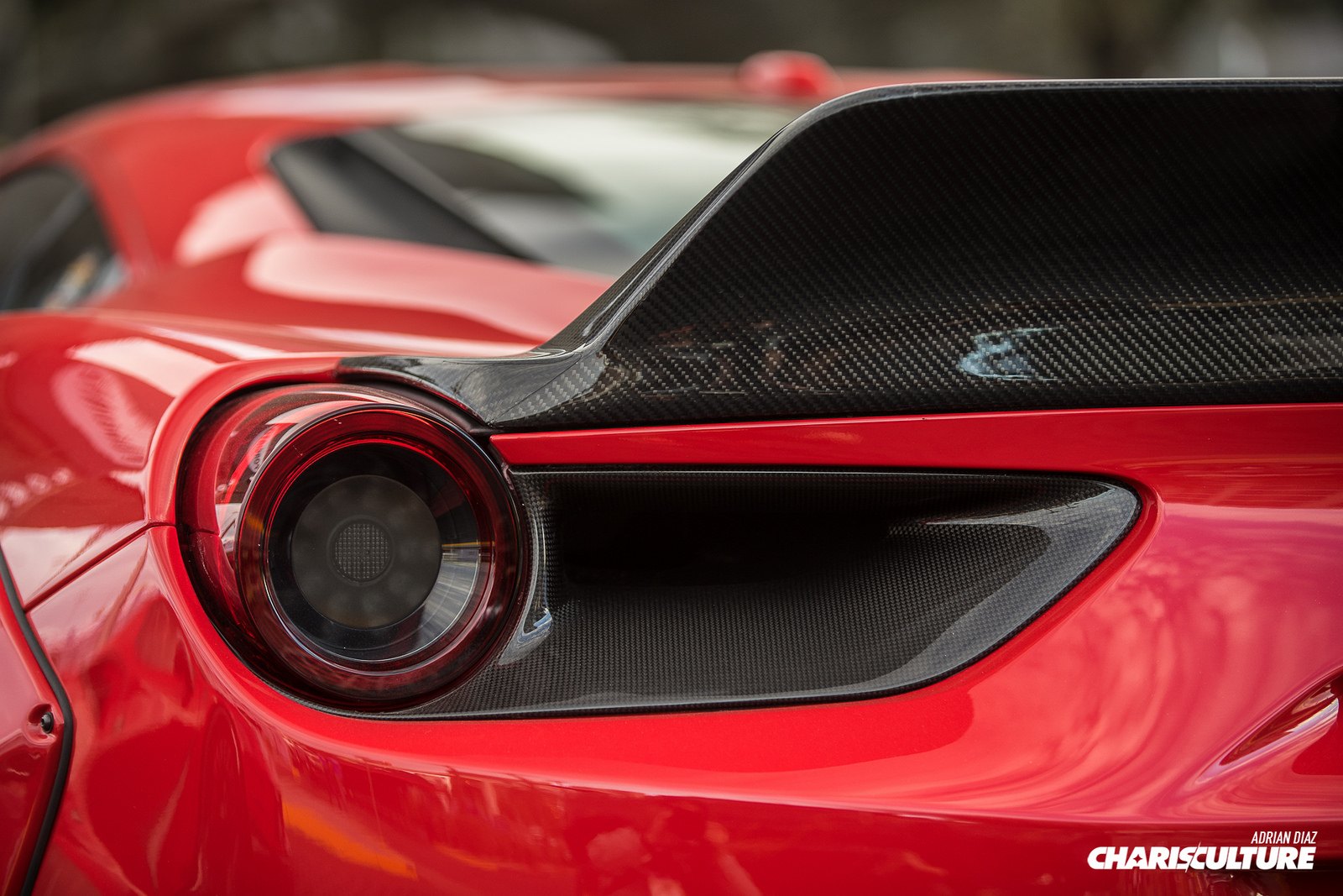 Red Ferrari 488 with Carbon Fiber Taillight Guards - Photo by The Charis Culture