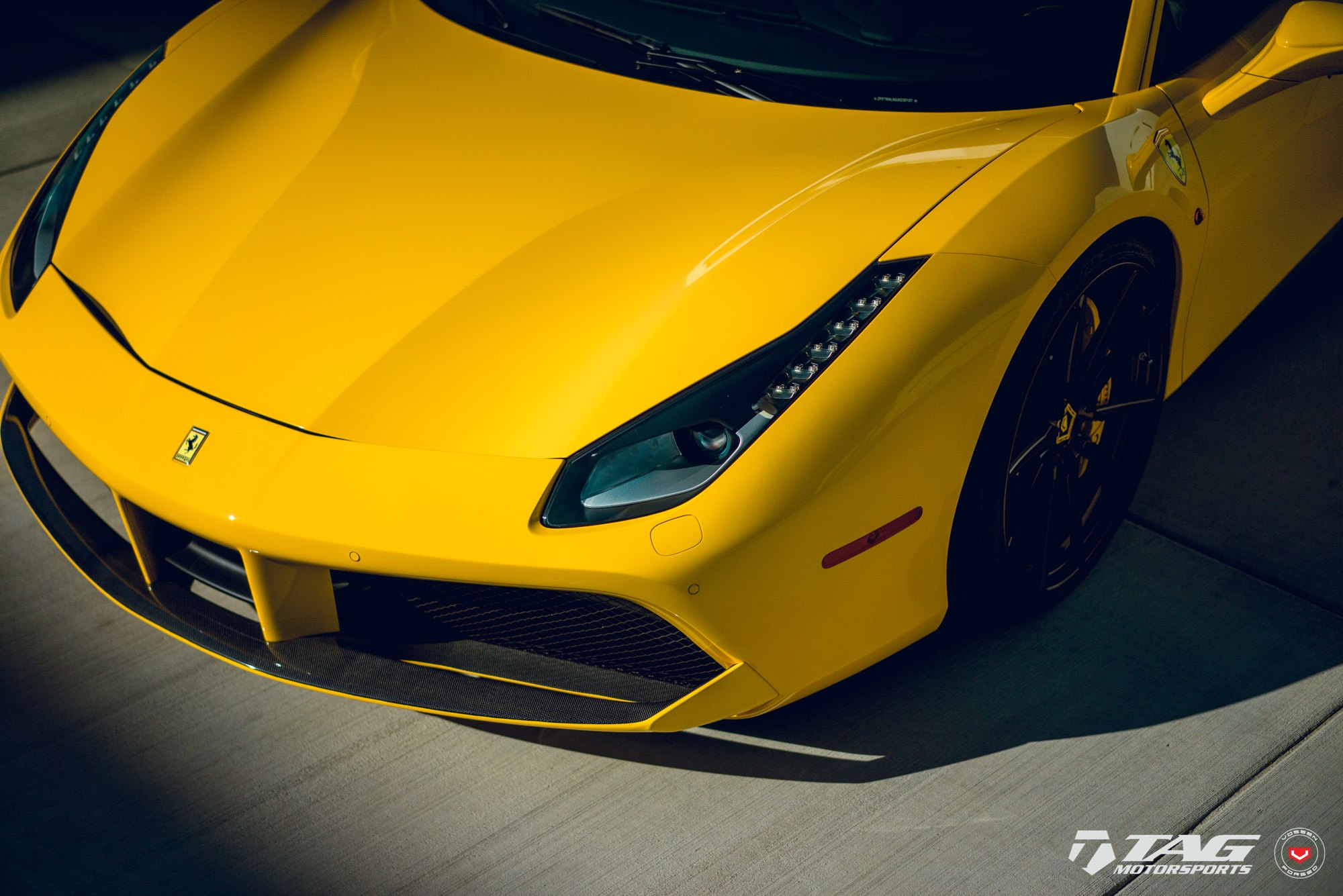 Yellow Ferrari 488 with Carbon Fiber Front Lip - Photo by Vossen