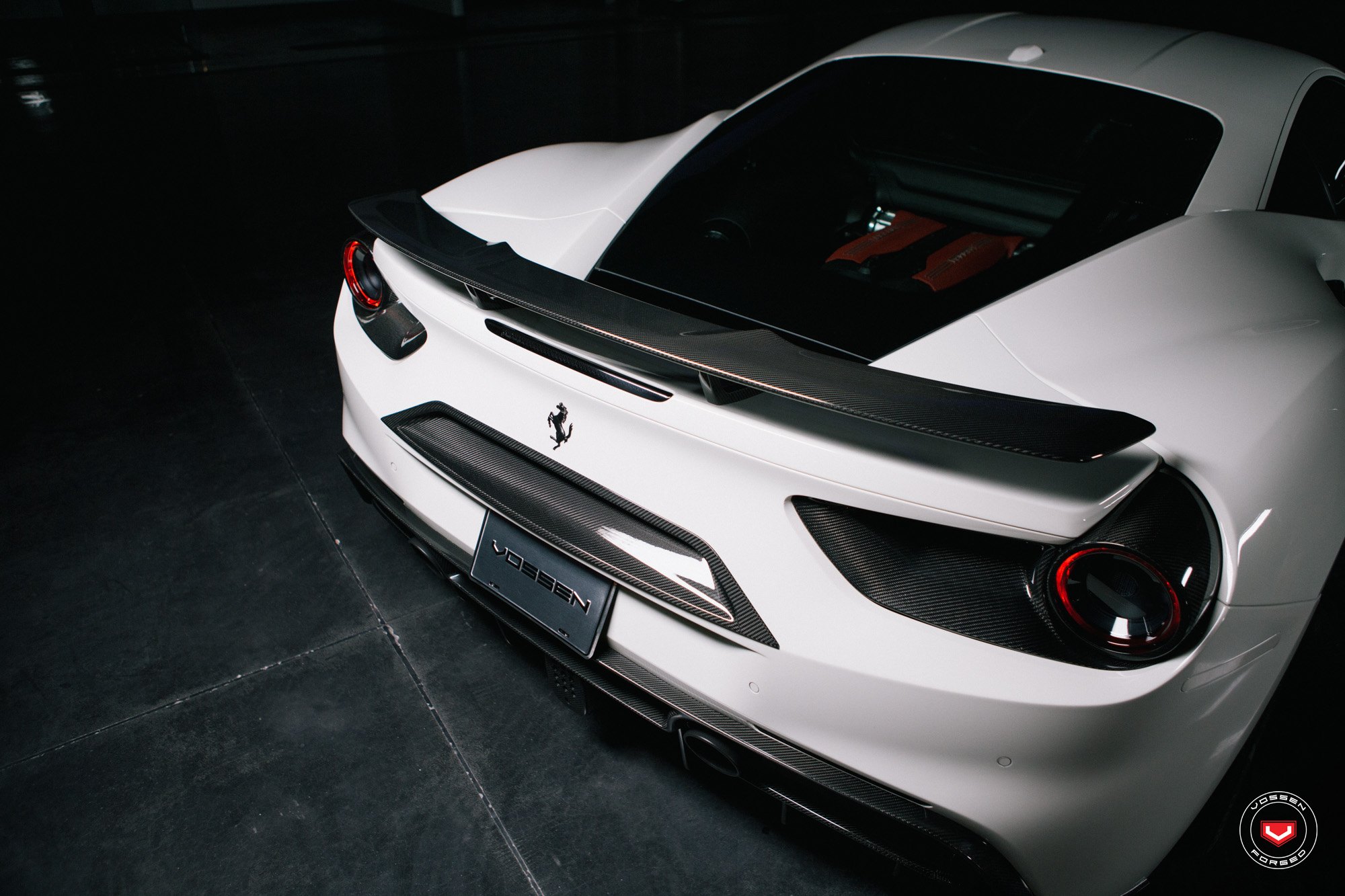 White Ferrari 488 with Carbon Fiber Taillight Guards - Photo by Vossen