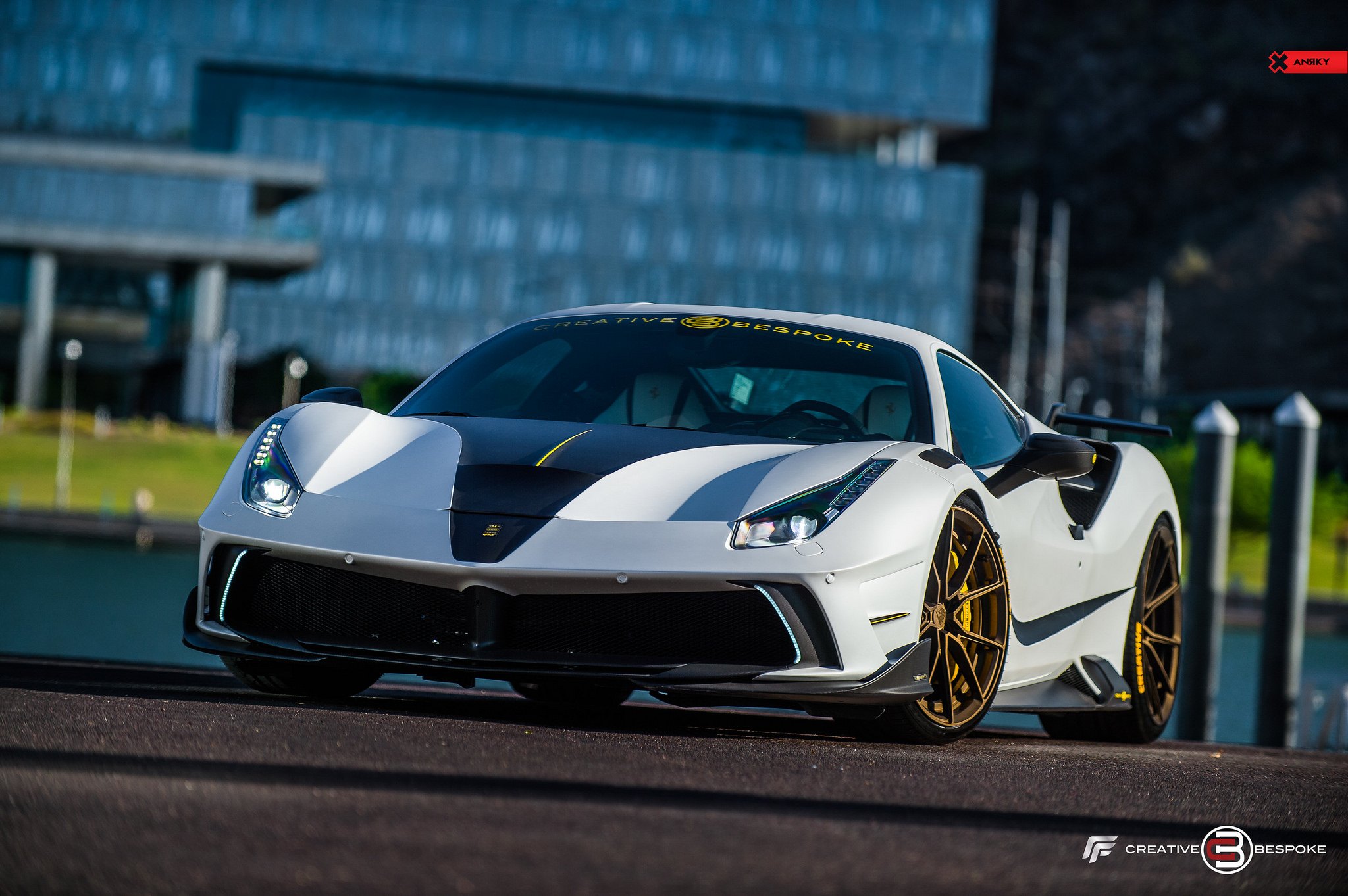 White Ferrari 488 with Aftermarket Front Bumper - Photo by ANRKY Wheels