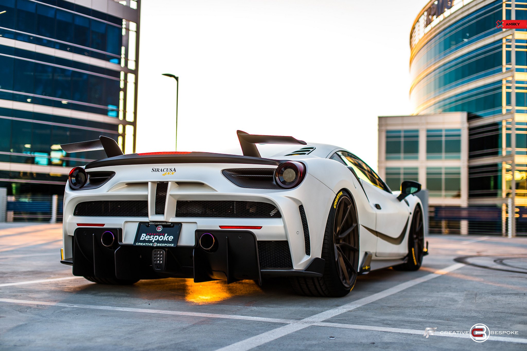 White Ferrari 488 with Aftermarket Rear Diffuser - Photo by ANRKY Wheels