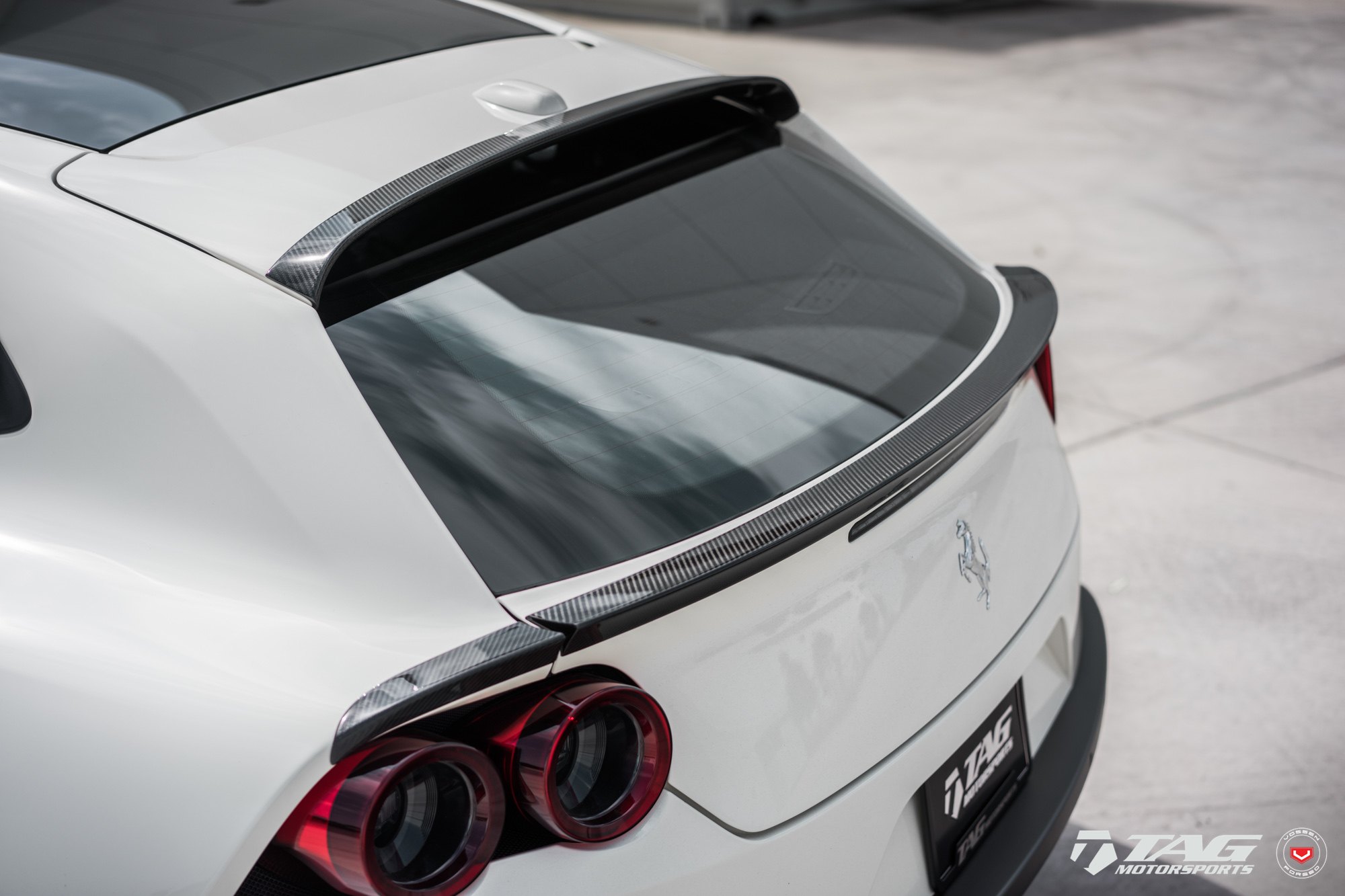 Carbon Fiber Rear Lip Spoiler on White Ferrari GTC4lusso - Photo by Vossen