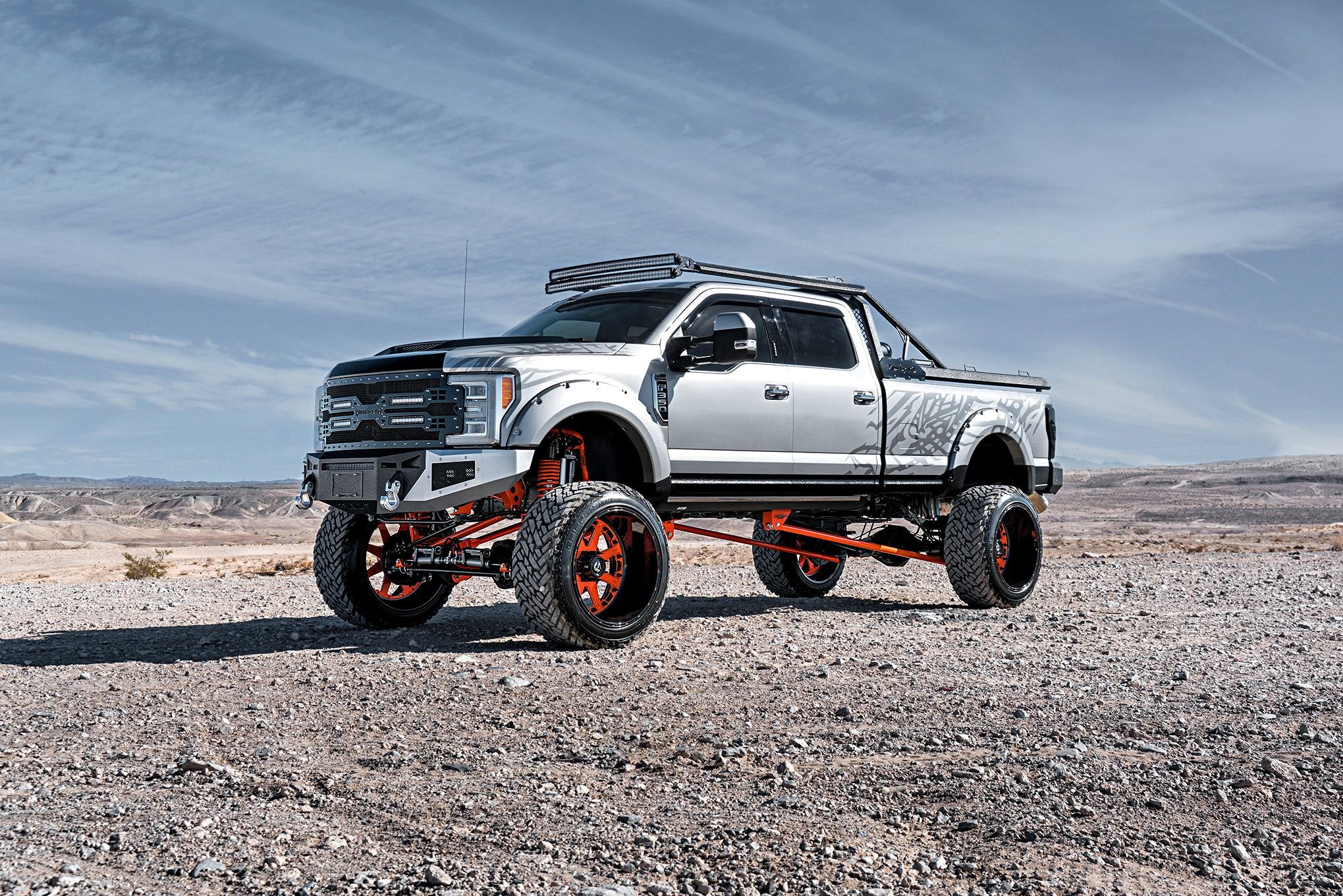 Off Road LED Light Bars on White Lifted Ford F-350 - Photo by Dale Martin