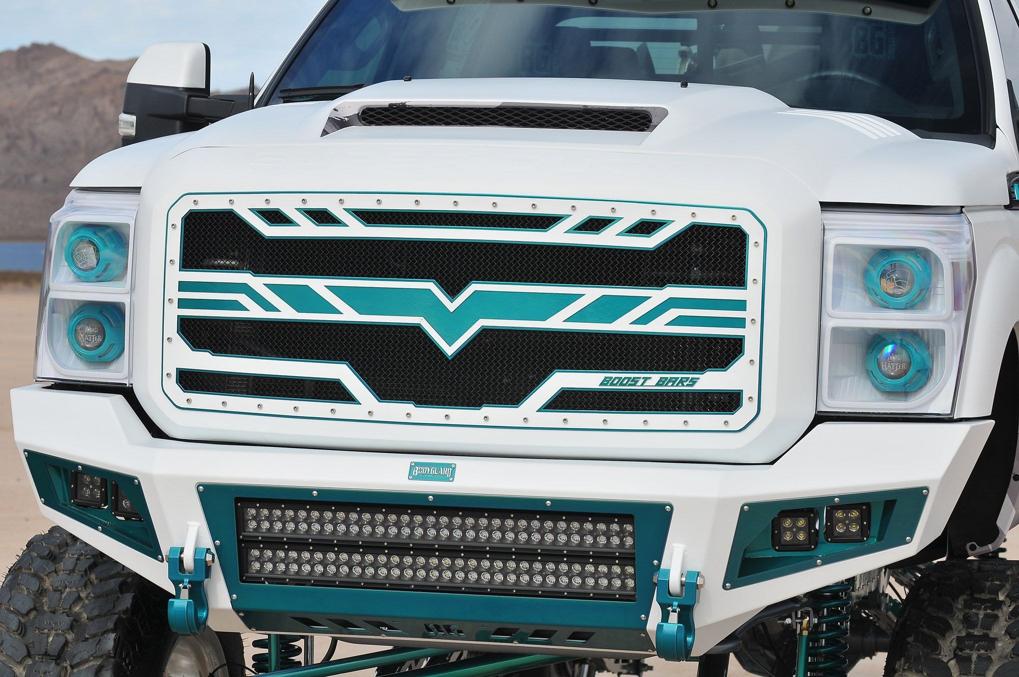 Custom Boost Bars Mesh Grille on White Lifted Ford F-350 - Photo by Phil Gordon