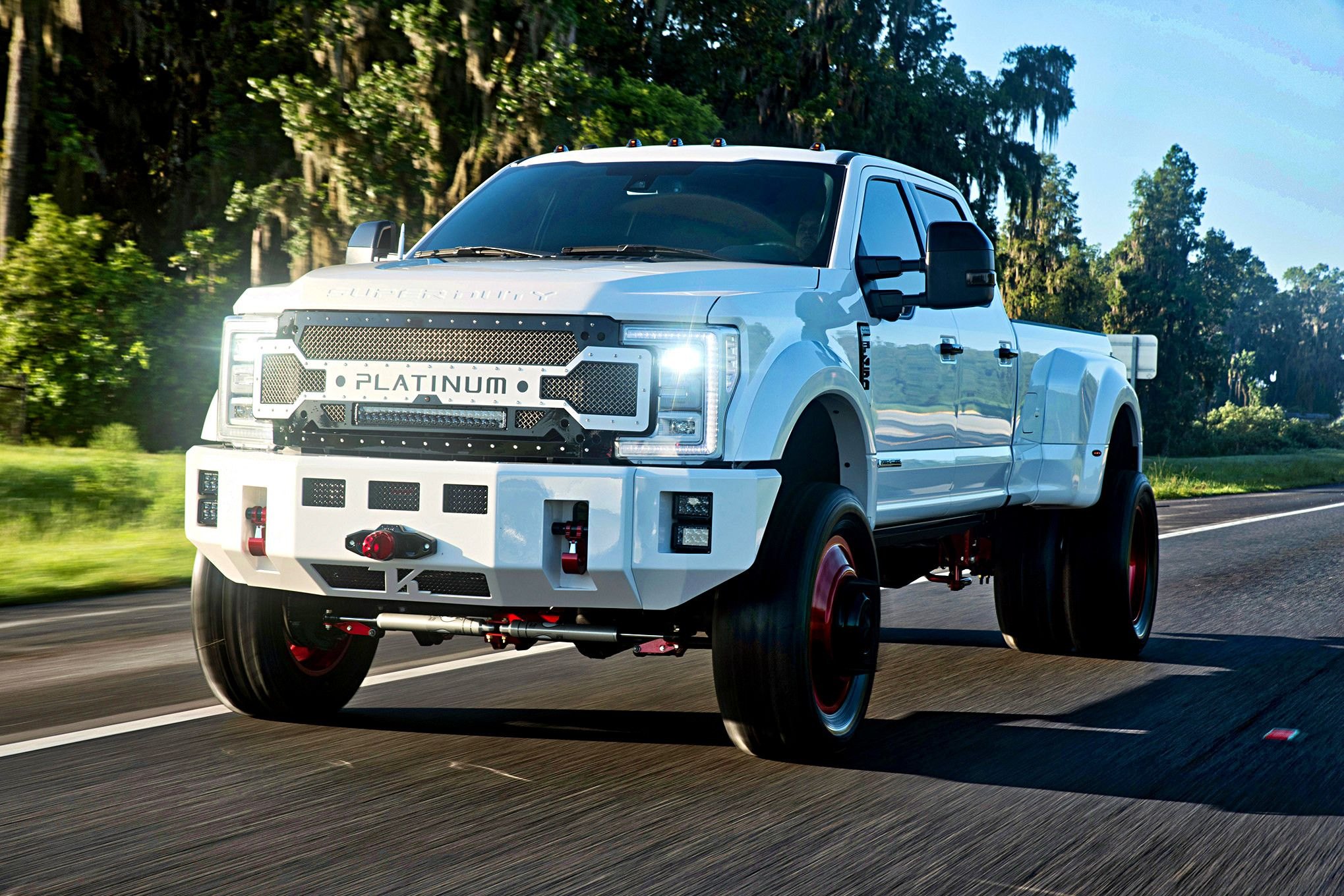 White Lifted Ford F-450 with Custom LED Headlights - Photo by Eddie Maloney