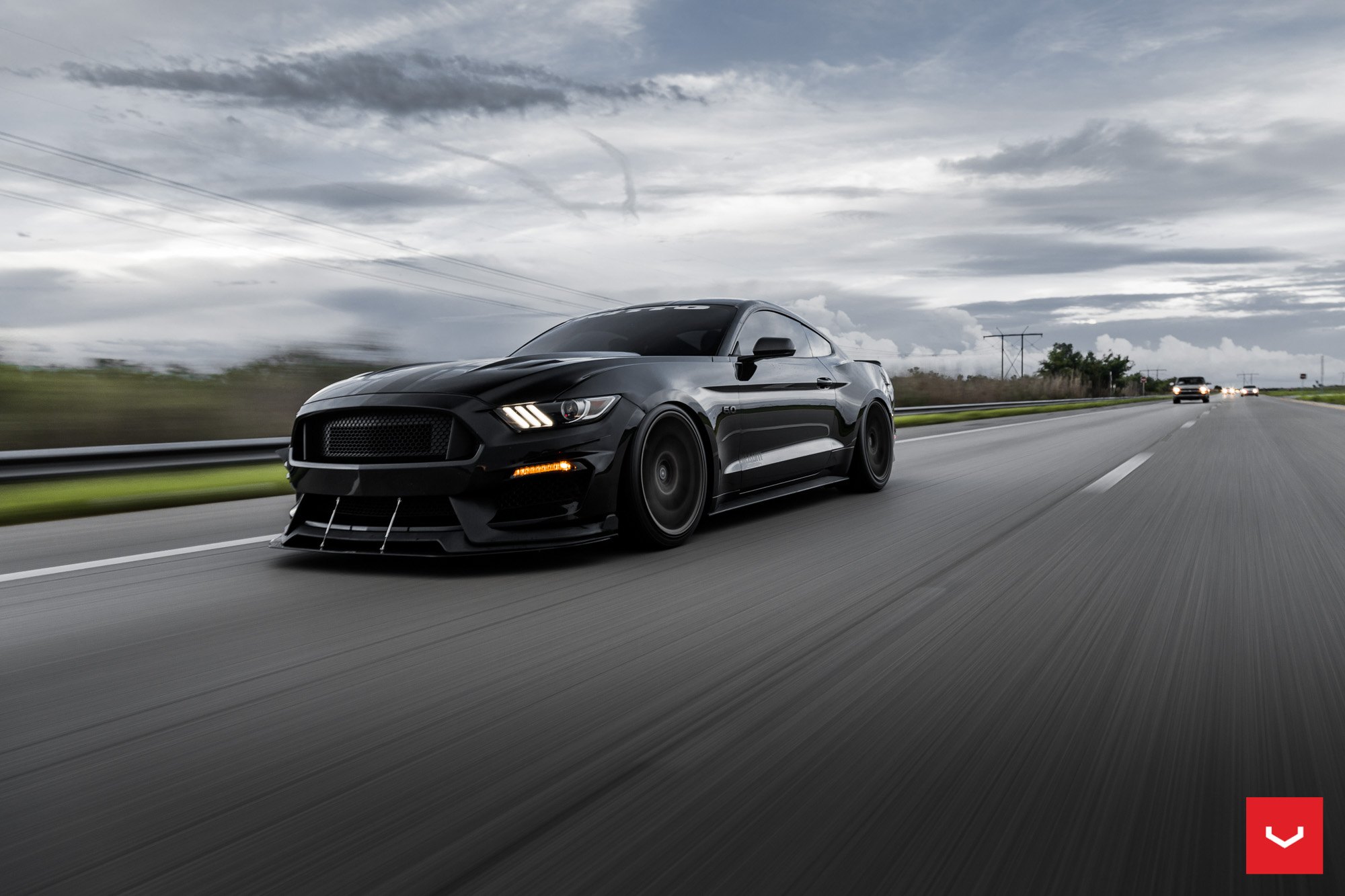 Custom Projector Headlights on Black Ford Mustang GT - Photo by Vossen