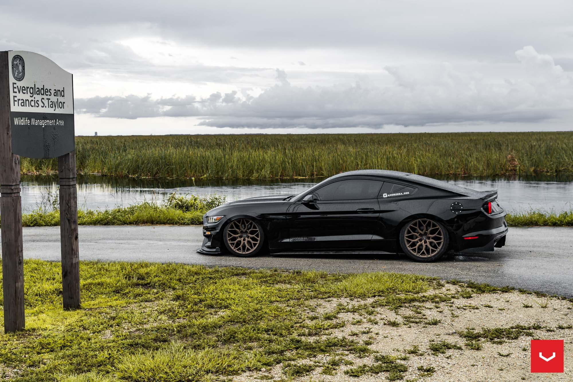 Aftermarket Side Skirts on Black Ford Mustang GT - Photo by Vossen